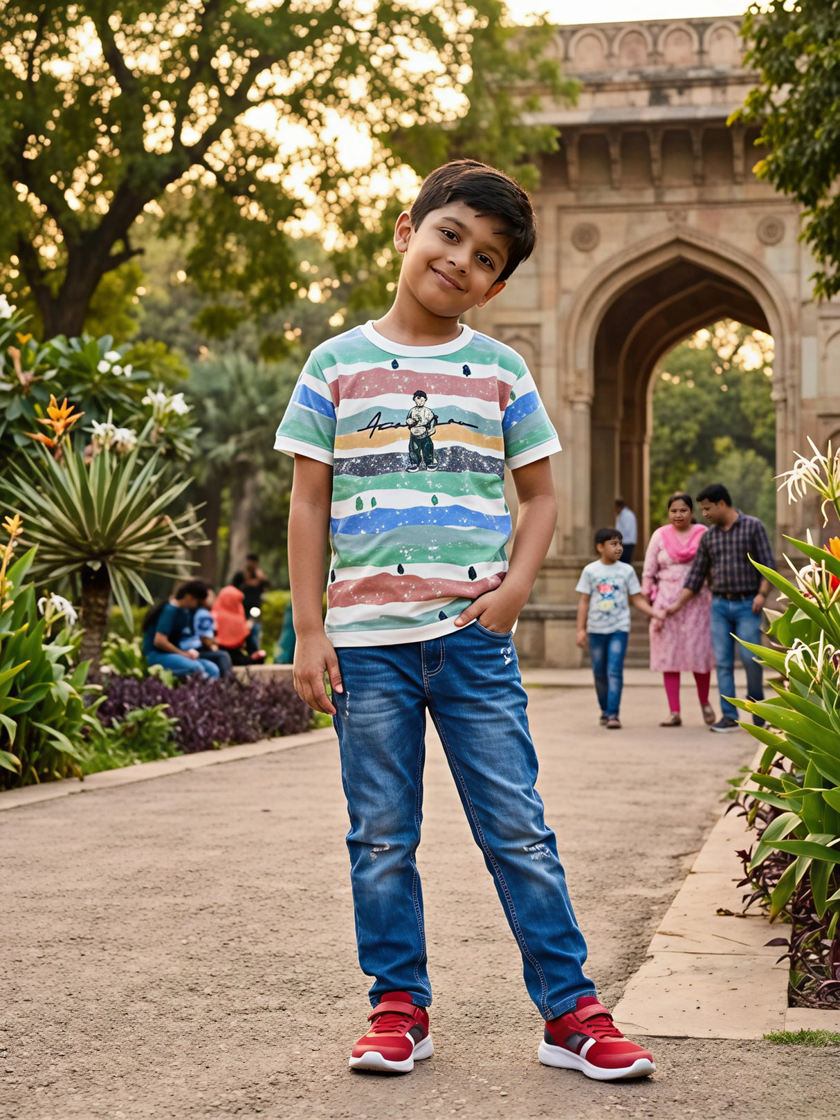 Boys White Multi-Color Striped Graphic T-Shirt