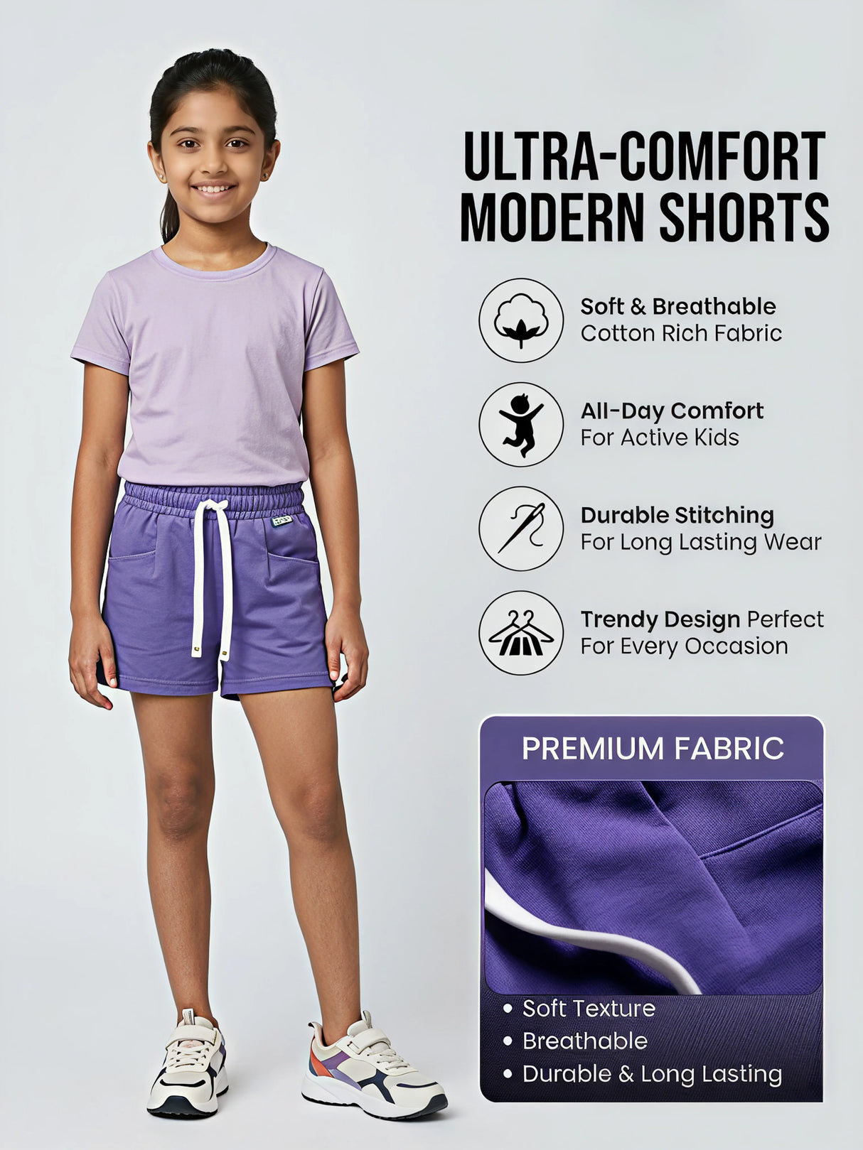 Girls Purple Comfort Cotton Shorts