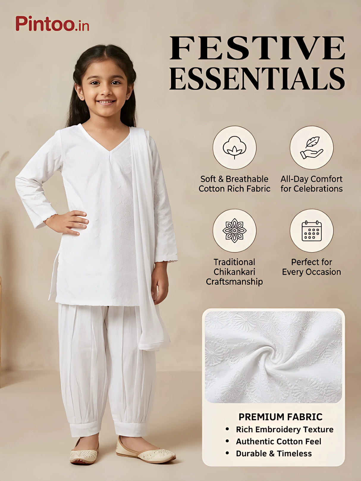 Girls White Ethnic Self-Design Kurta Patiala Suit Set with Dupatta
