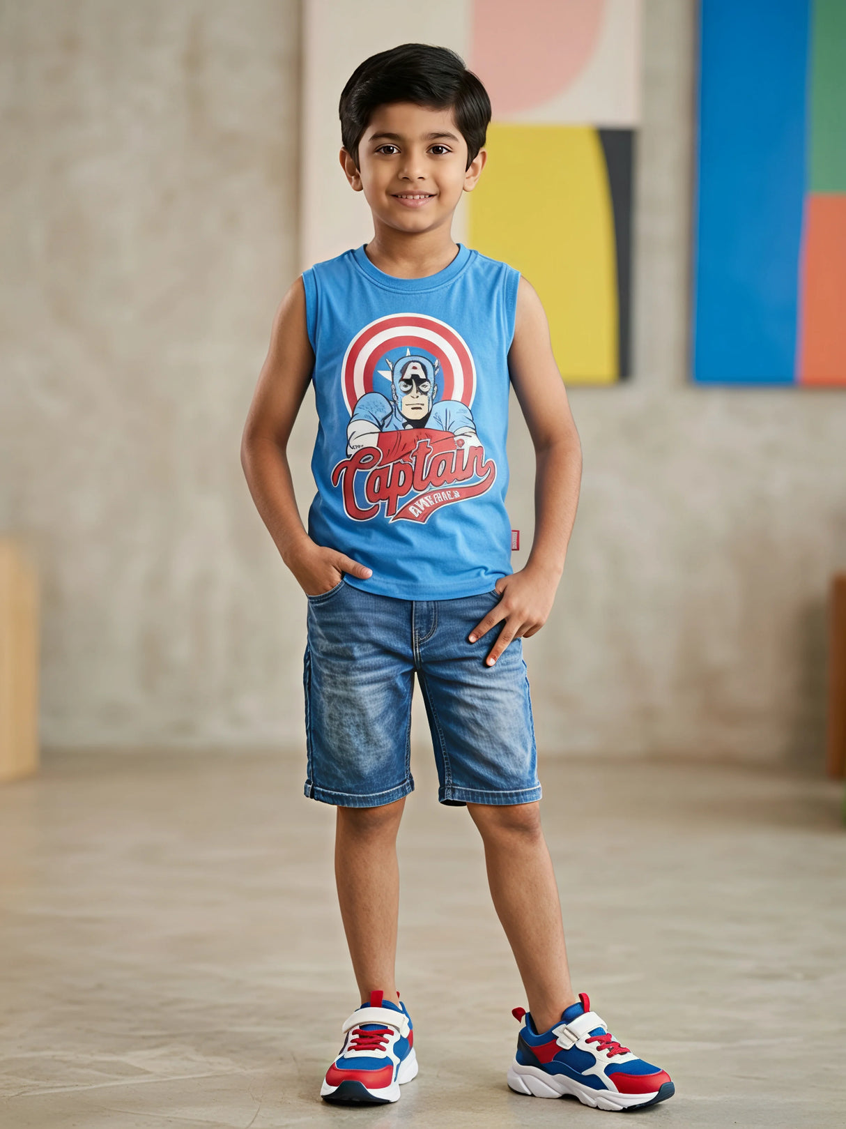 Boys Blue Captain America Printed Sleeveless T-Shirt