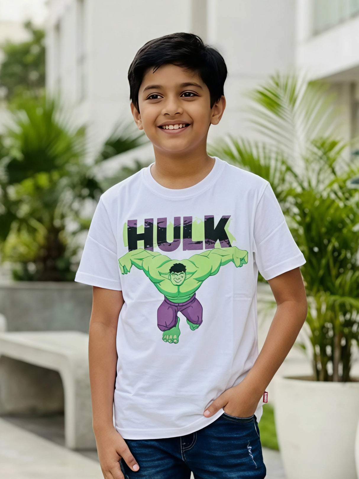 Boys' Hulk Graphic Print White Cotton T-Shirt