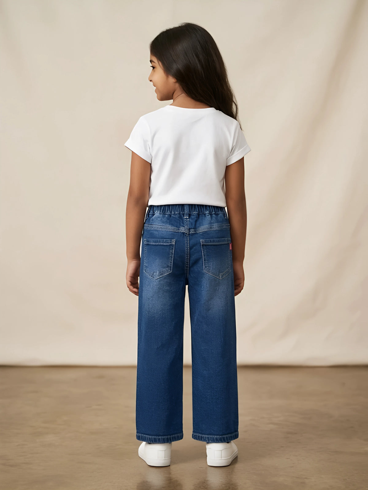 Girls Blue Embroidered Wide-Leg Casual Pants.