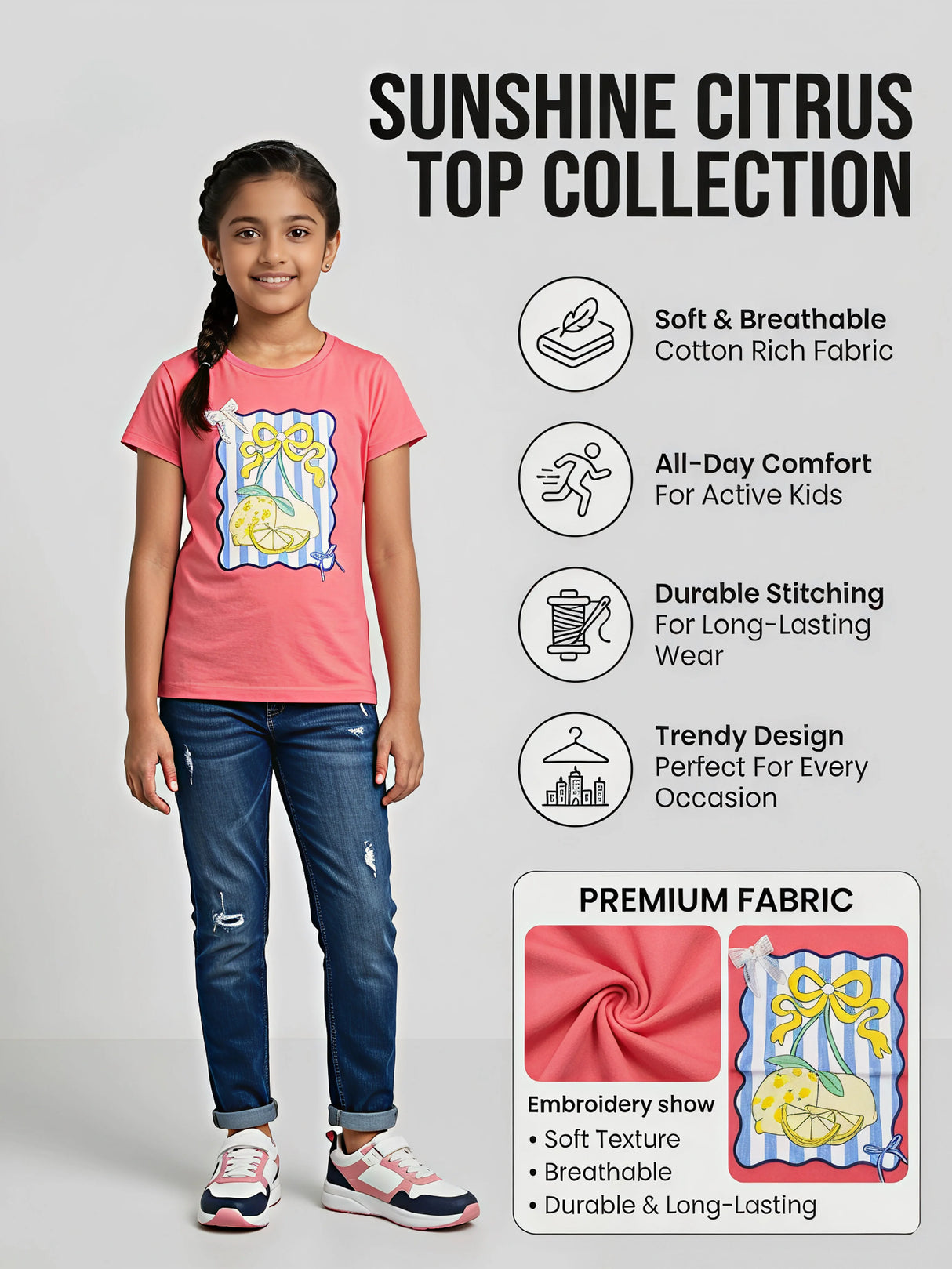 Girls Rani Lemon Print Casual Crew Neck T-Shirt.