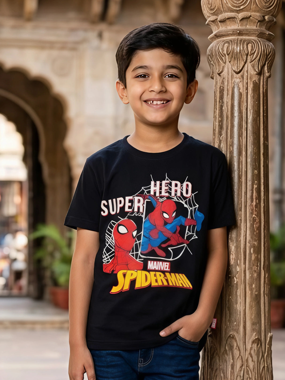 Boys Black Spider-Man Graphic Cotton T-Shirt