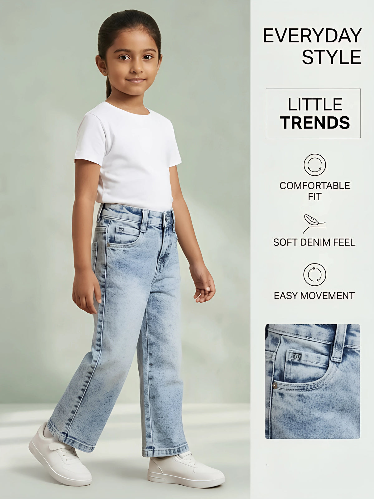 Girls Light Blue Straight Fit Casual Denim Pants
