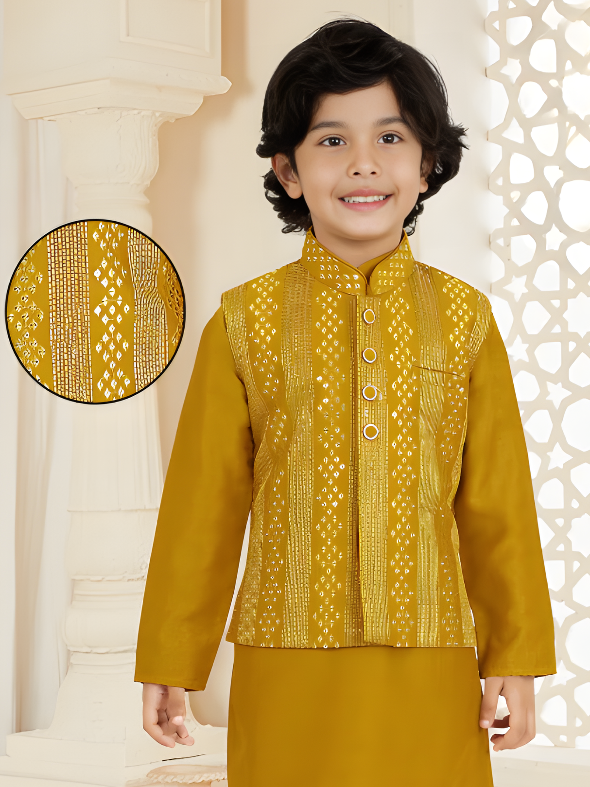 Boys' Mustard Yellow Kurta Set with Gold Patterned Waistcoat
