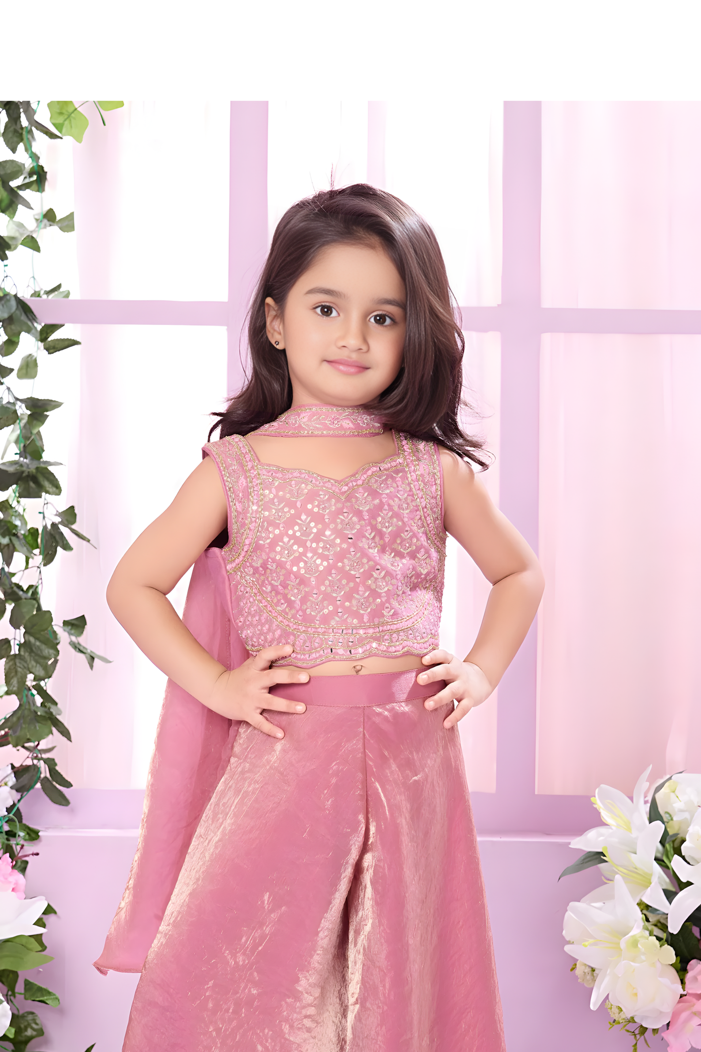 Girls' Sequin Embroidered Crop Top and Pink Sharara Set