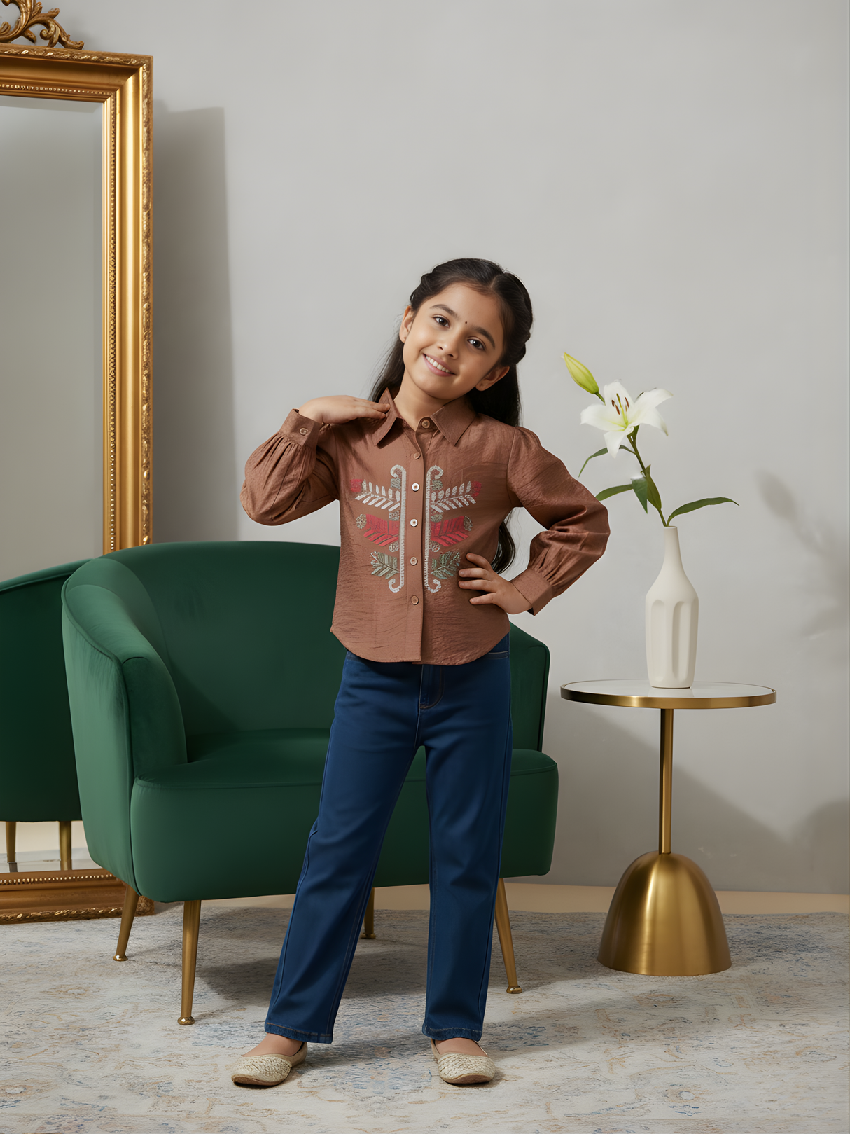 Girls' Brown Embroidered Puff-Sleeve Collared Shirt