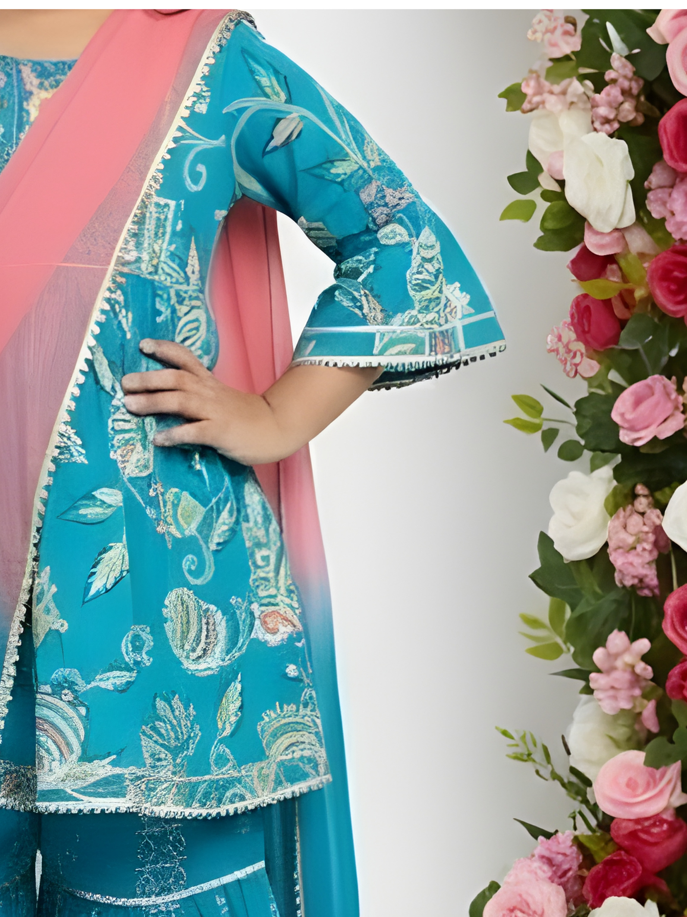 Girls' Turquoise Floral Print Kurta & Gharara Set with Pink Dupatta.