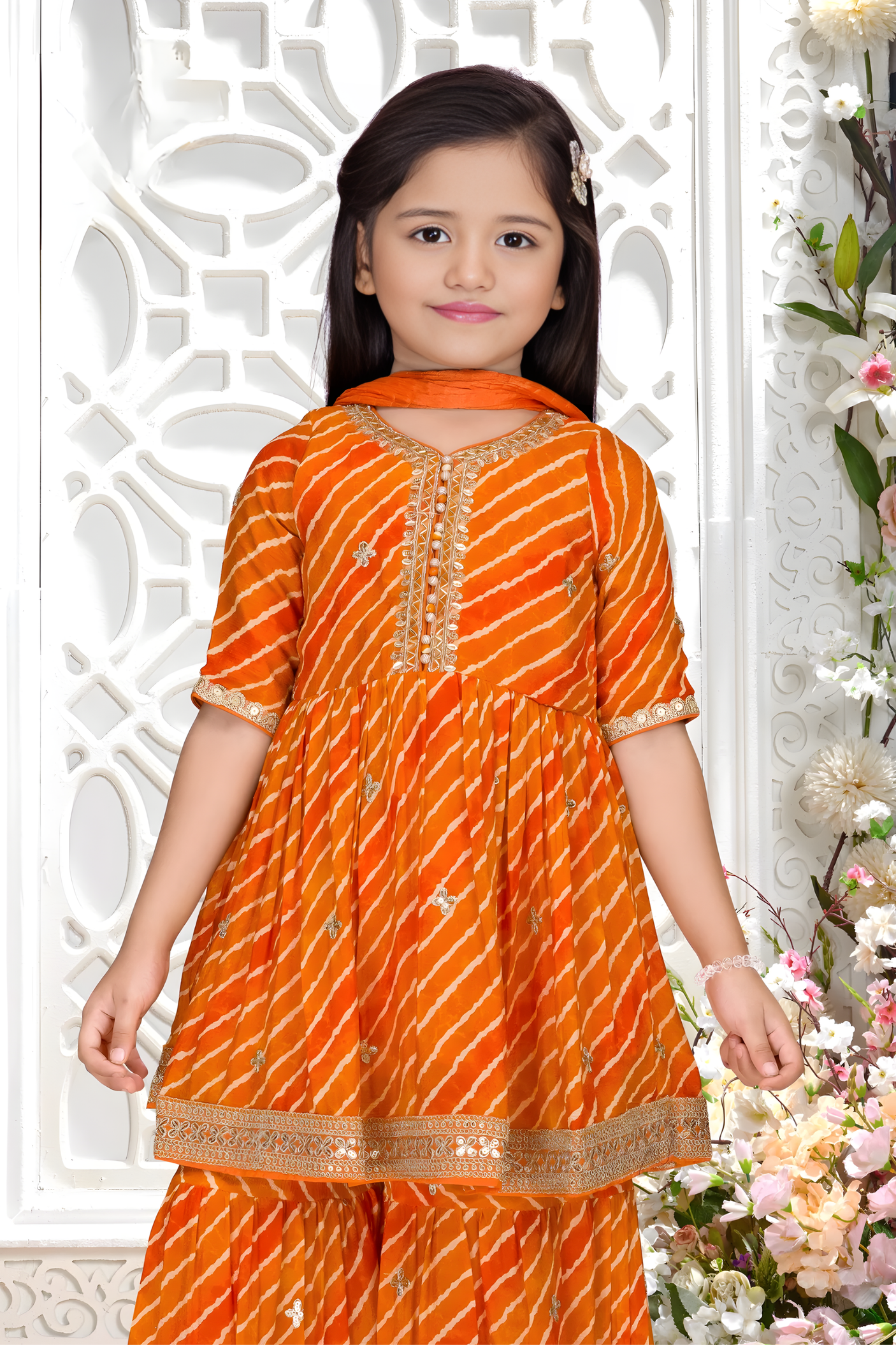 Girls' Orange & Pink Abstract Print Peplum Sharara Set