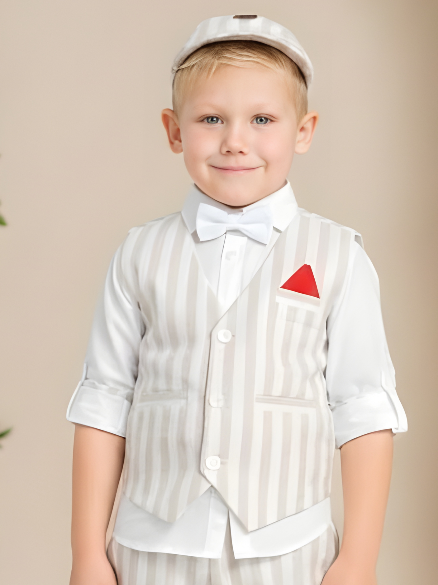 Boys' Vintage Stripe Vest & Suit Set (Cream/Beige).