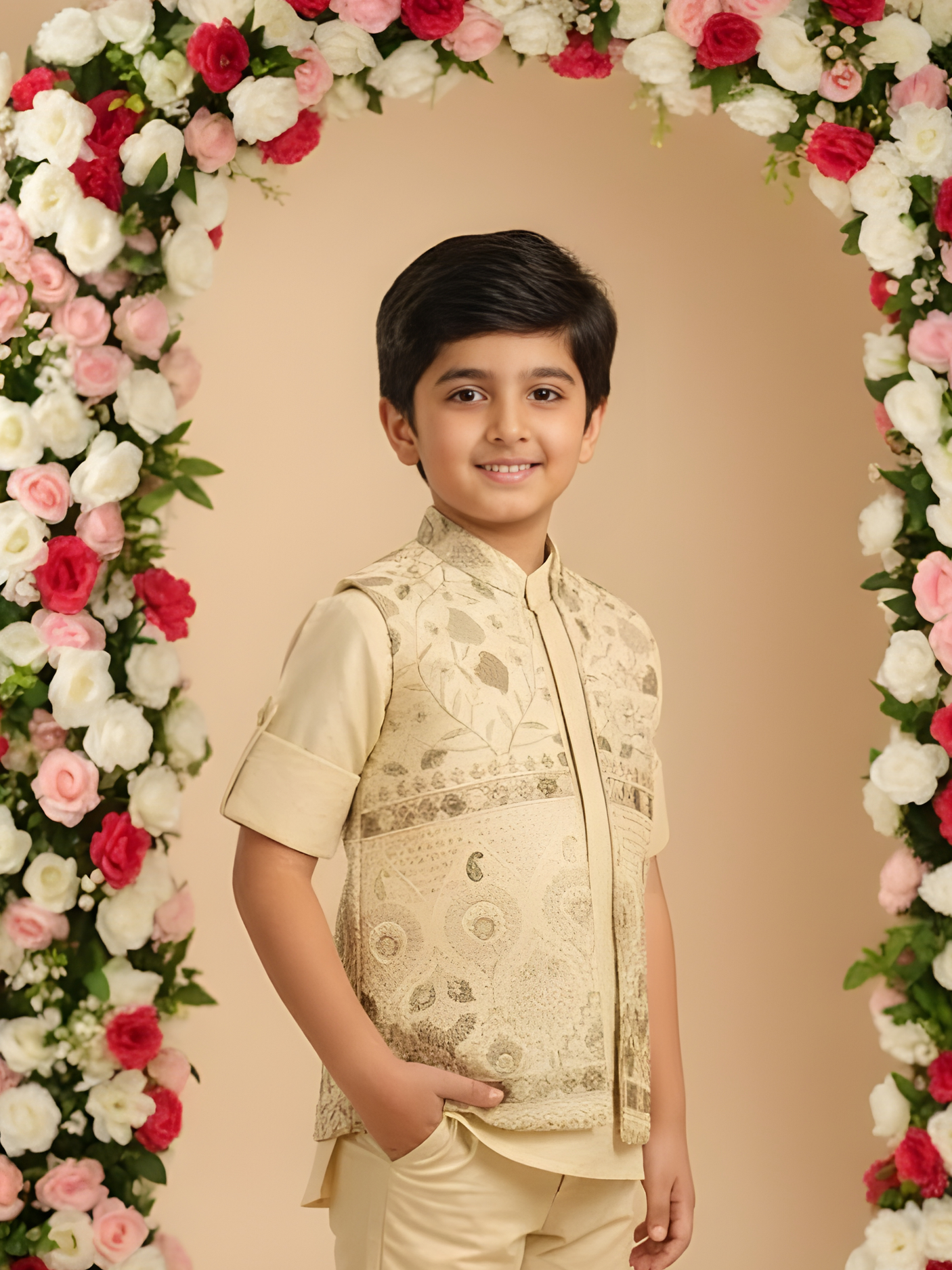 Boys Traditional Self Design Chuddidar Kurta with Koti - Cream