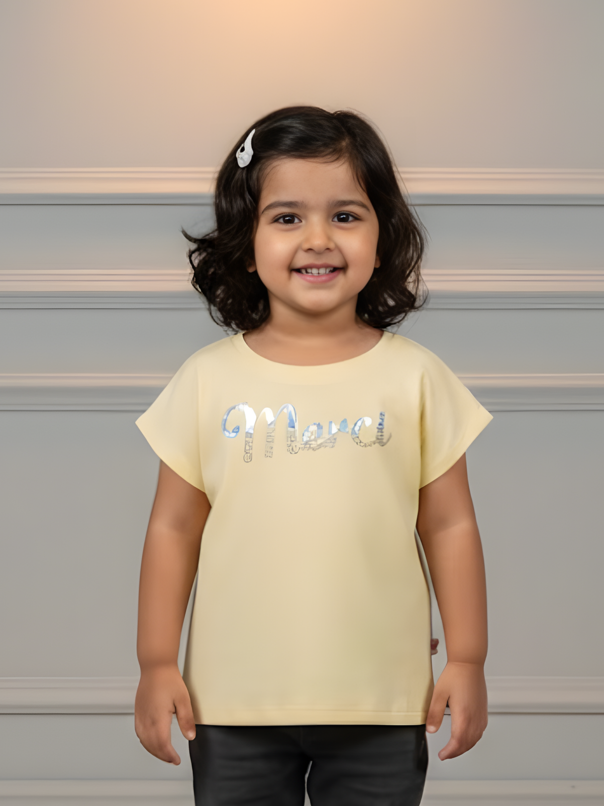 Girls Pastel Yellow "Merci" Graphic Ribbed Tee