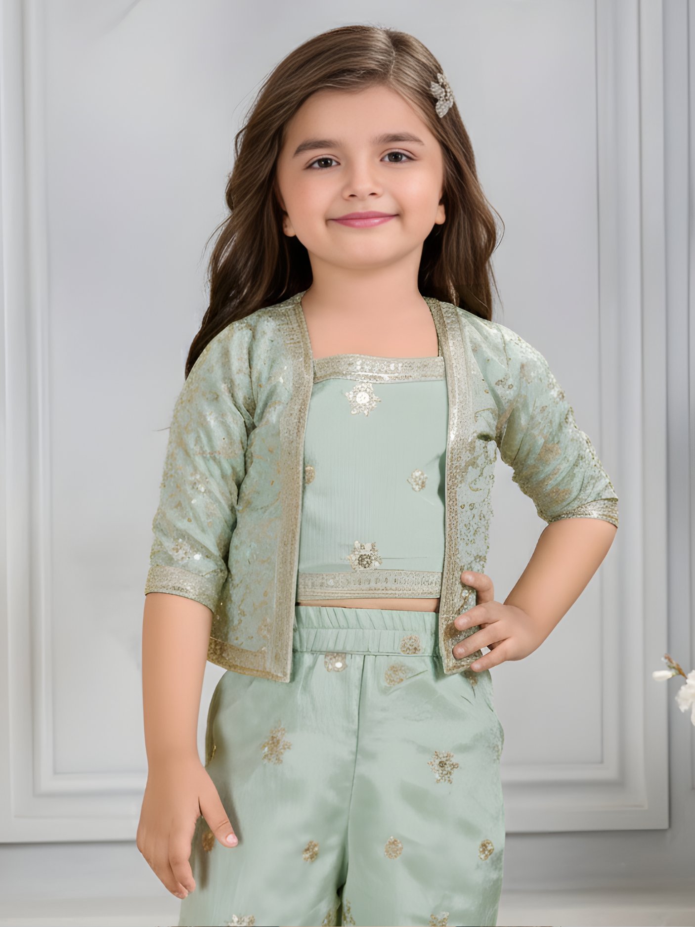 Girls' Sea Green & Gold Embroidered Sharara Set with Shrug