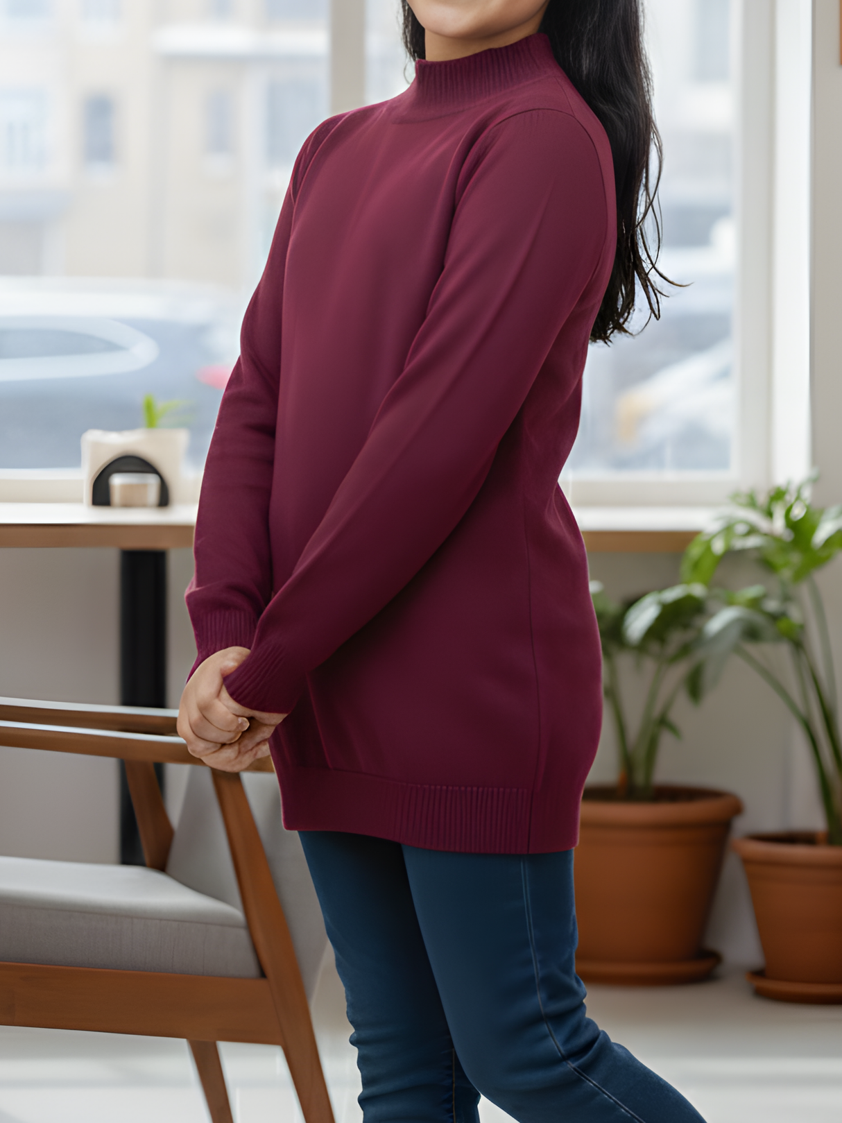 Girls' Maroon Mock Neck Knit Sweatshirt - Premium Soft Winter Wear