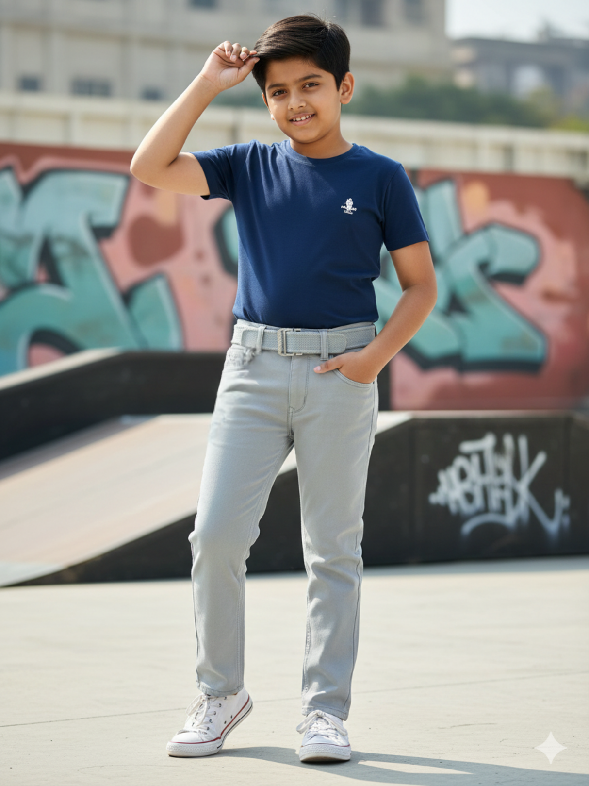 Kids Premium Light Grey Belted Jeans with Accessory