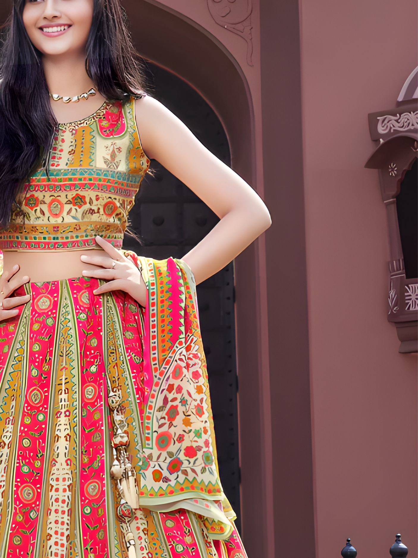 Women's Cream & Pink Rajasthani Print Silk Lehenga Choli Set