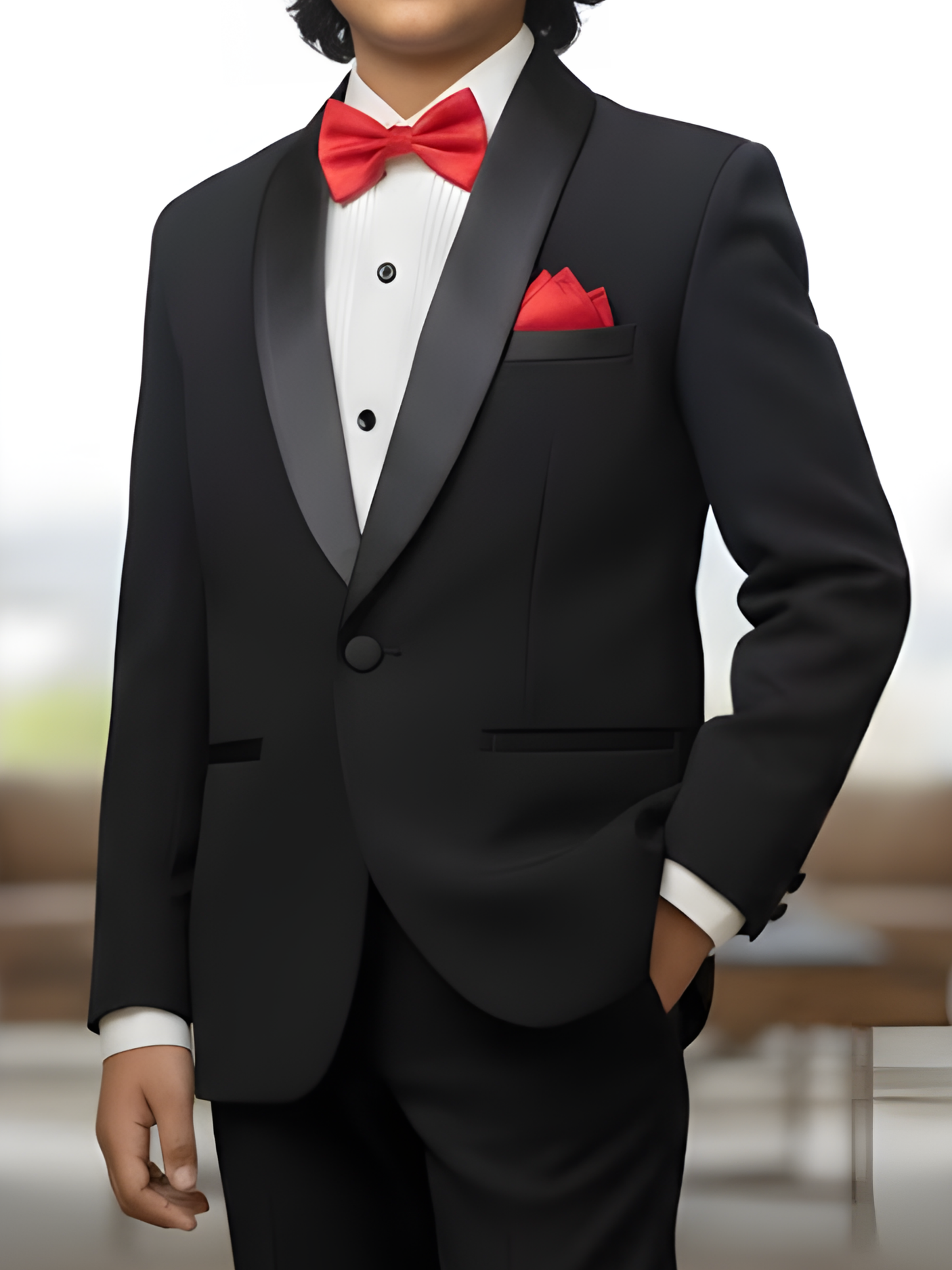 Boys' Formal Black Tuxedo Suit Set with Red Bowtie