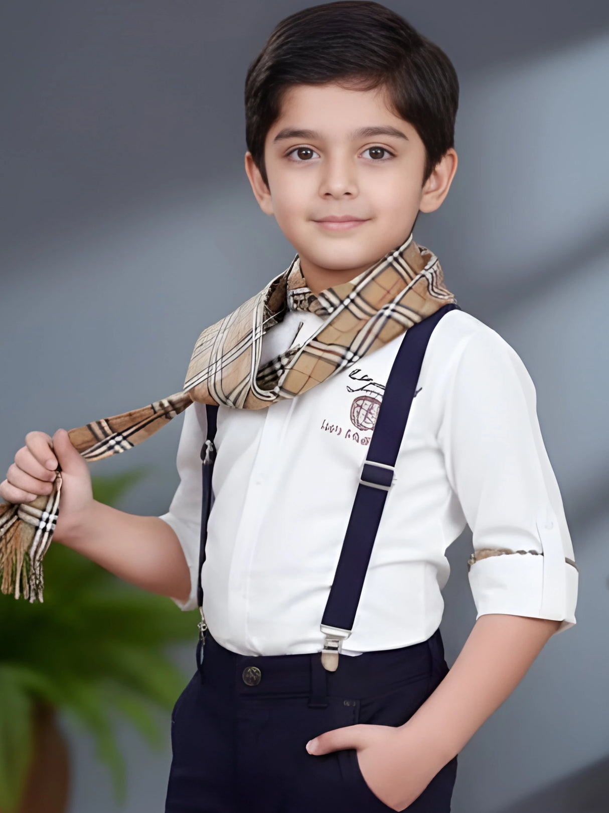 Boys' Elegant White Shirt & Navy Suspender Set with Checkered Scarf