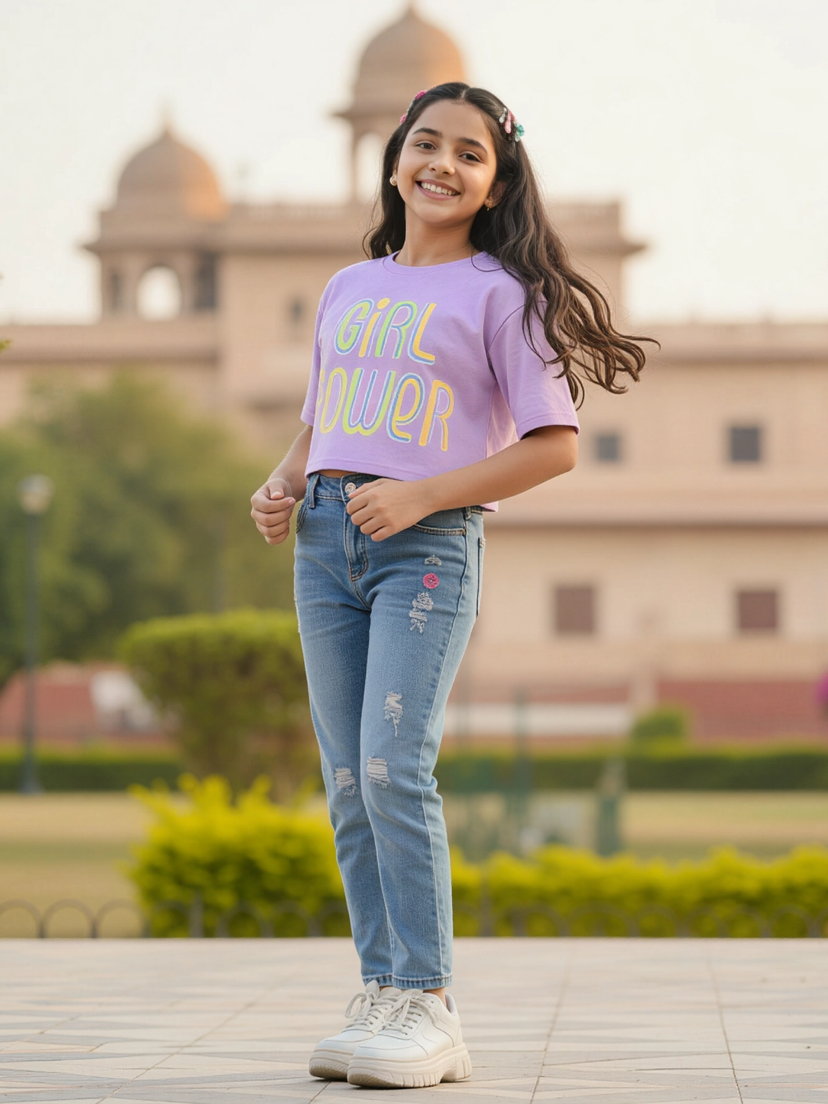 Girls Purple "Girl Power" Graphic Boxy Crop Top