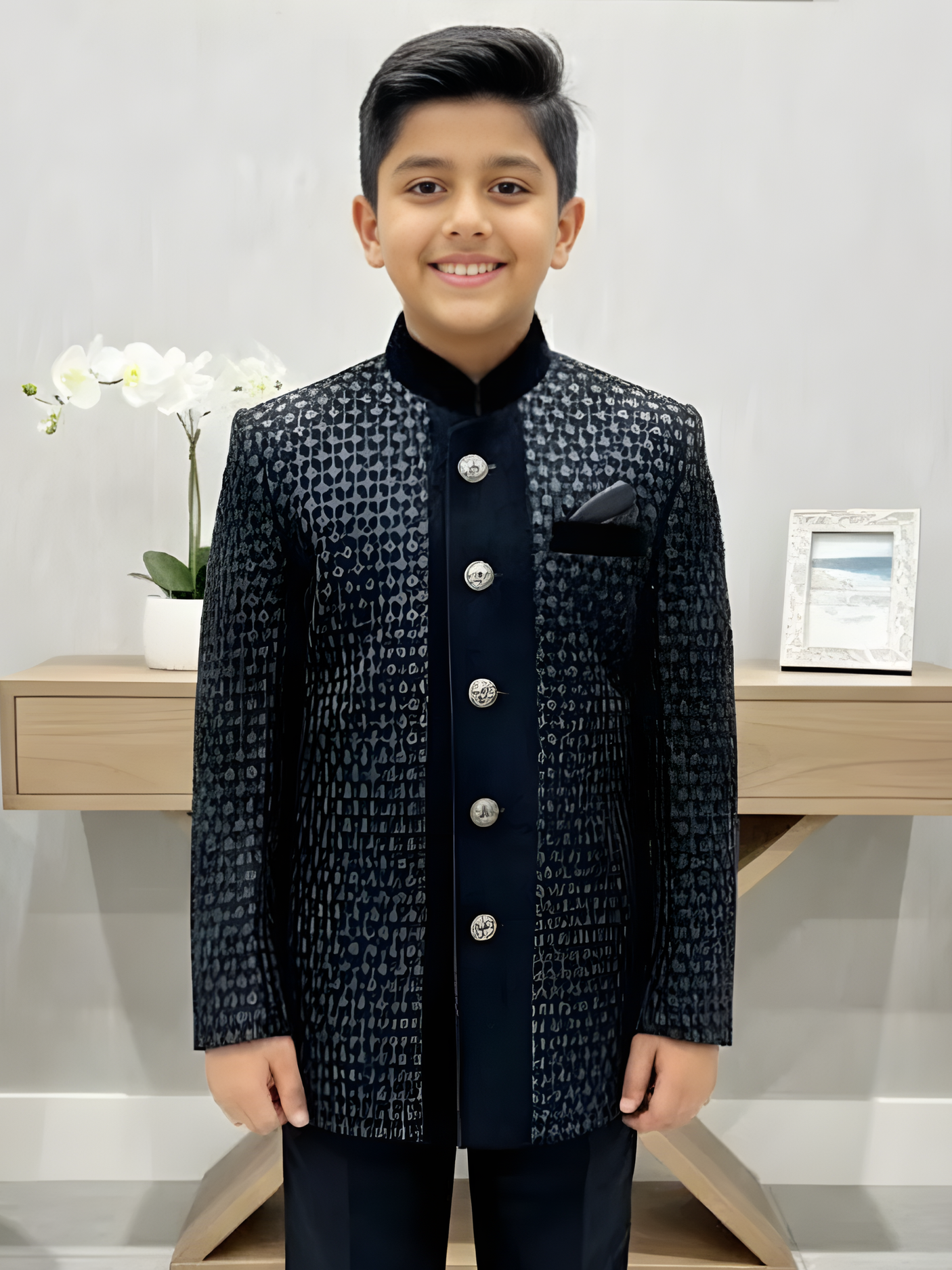 Boys' Black Patterned Indo-Western Suit with Velvet Accents