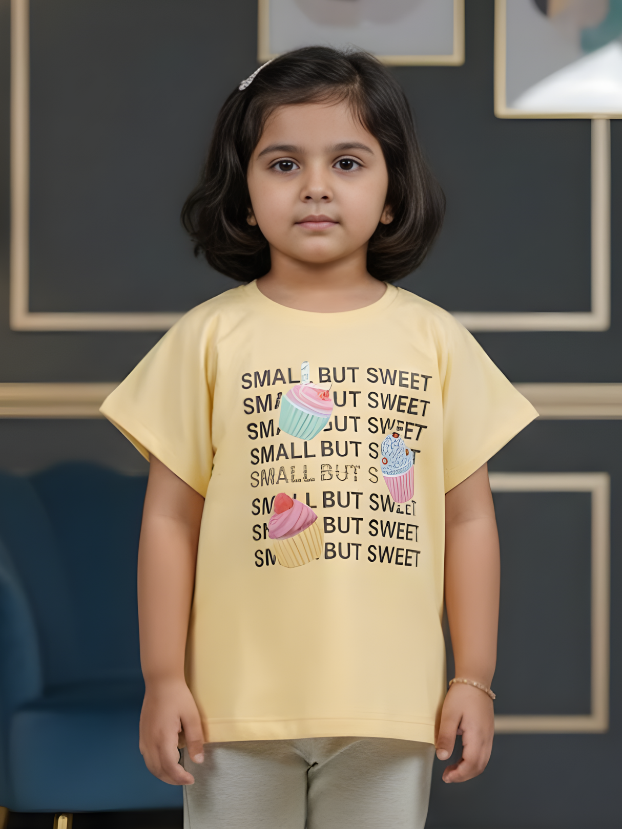Girls Pastel Yellow "Small But Sweet" Cupcake Graphic Tee