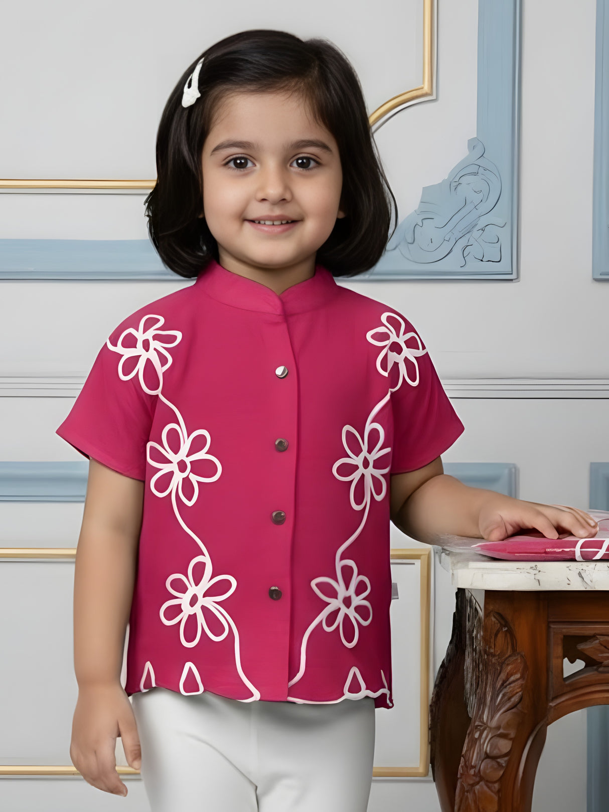 Girls Deep Pink Mandarin Collar Shirt with White Floral Embroidery