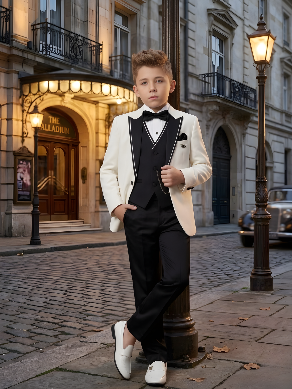 Boys' Cream/White Tuxedo Coat Suit with Black Trousers and Bow Tie