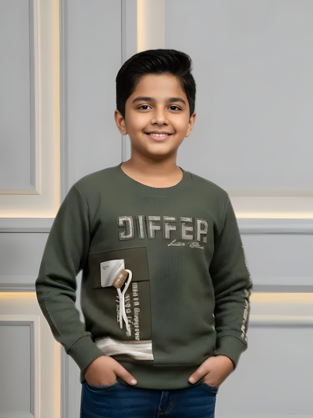 Boys' Dark Green "DIFFER" Textured Graphic T-Shirt