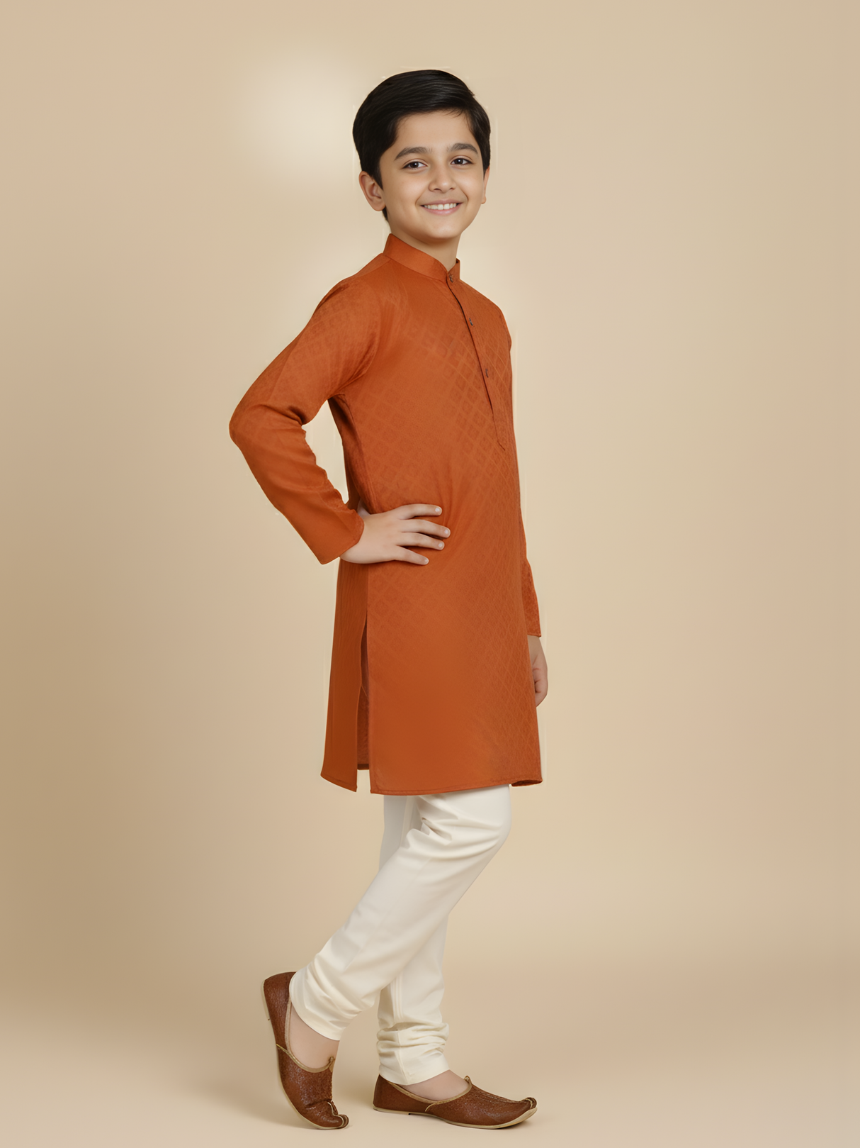 Boys Traditional Printed Chudidar Kurta Set - Orange