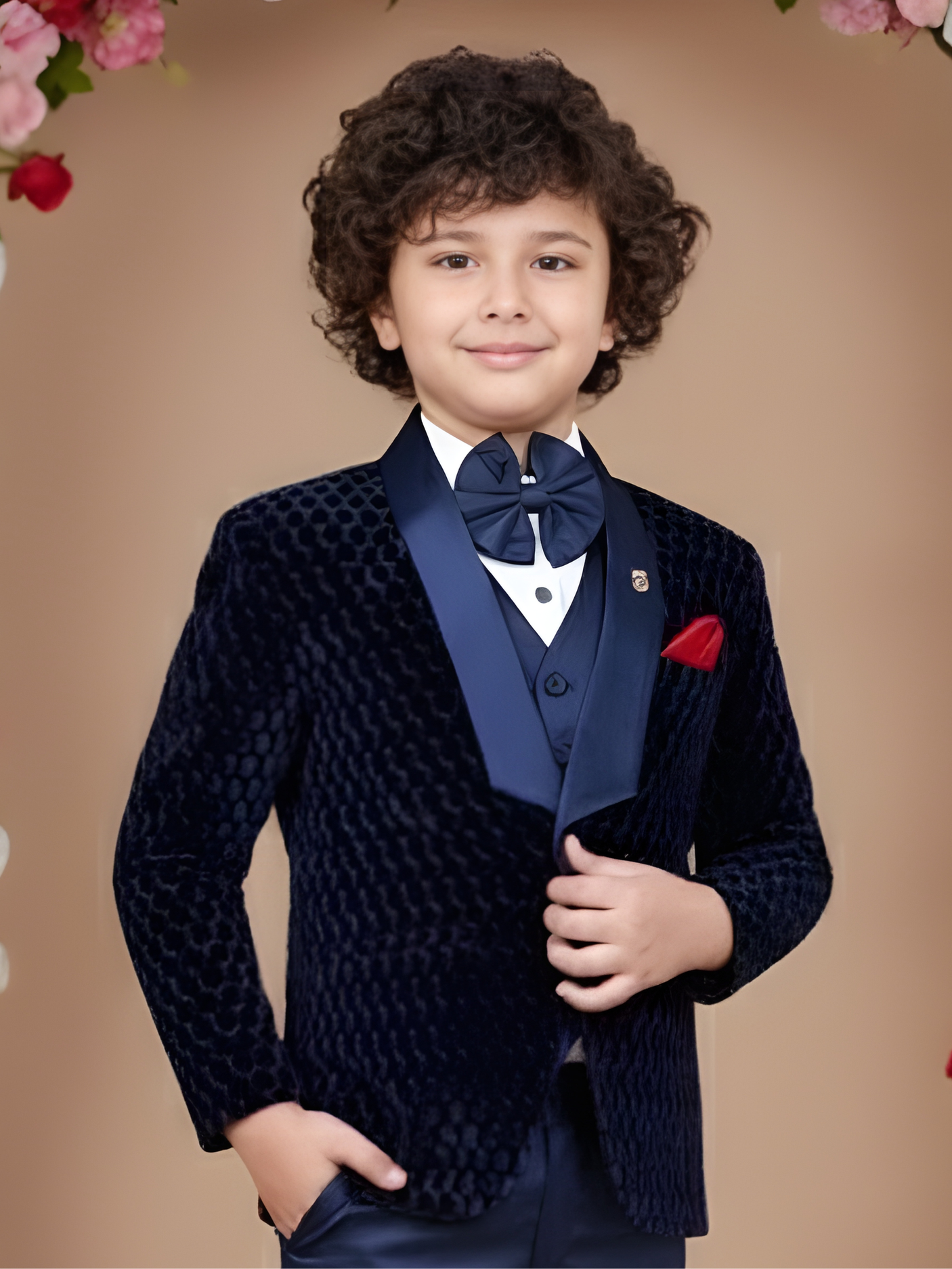 Boys' Navy Blue Textured Velvet Coat Suit with Vest and Bow Tie
