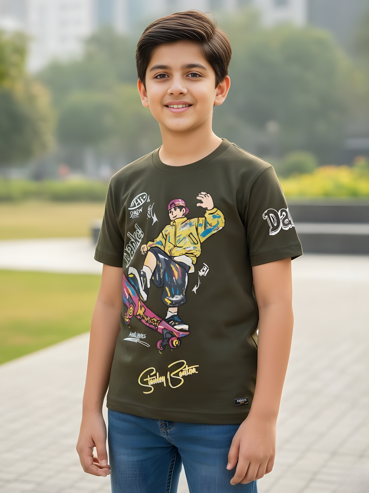 Boys' Olive Green Skater Graphic Tee with Bold Street Art Print