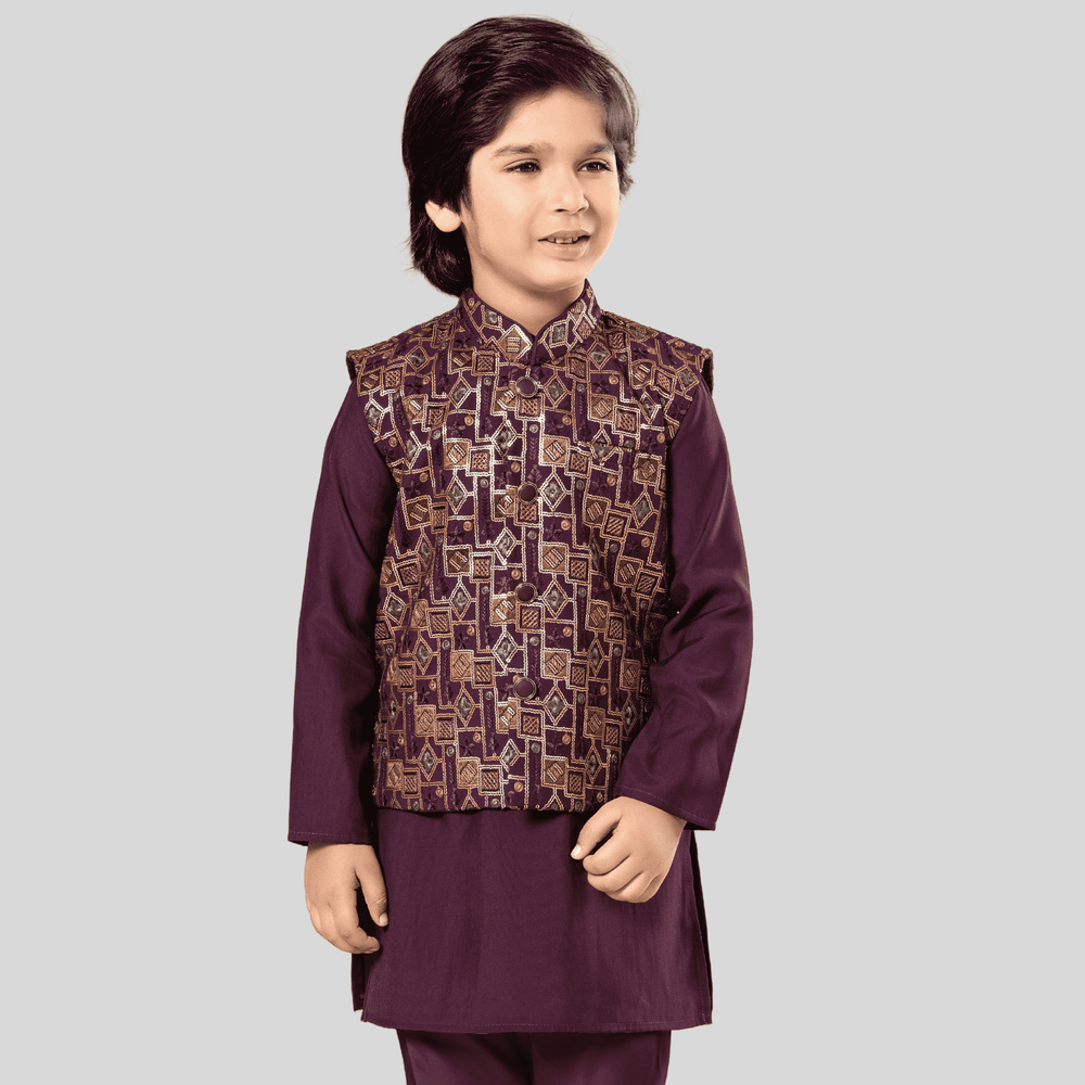 Boys Traditional With Work Chudidar Kurta with Koti - Purple