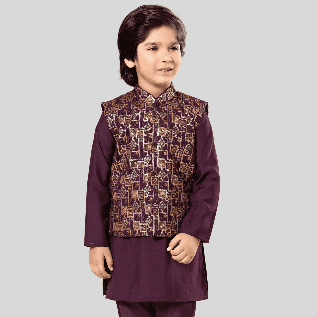 Boys Traditional With Work Chudidar Kurta with Koti - Purple