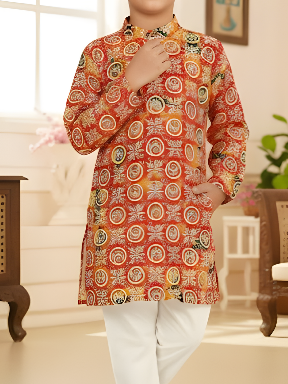 Boys Red Geometric Print Kurta Set