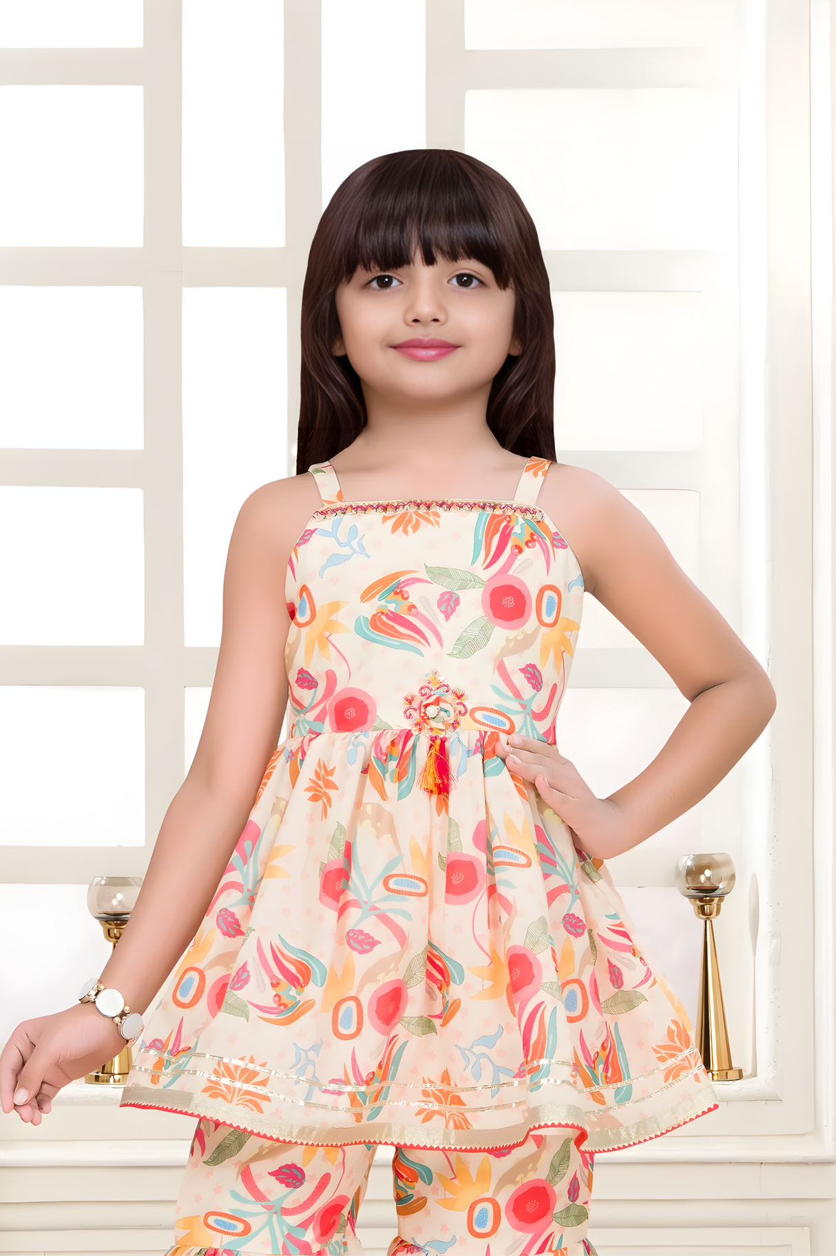 Floral Print Cream Peplum Top & Tiered Sharara Set for Girls