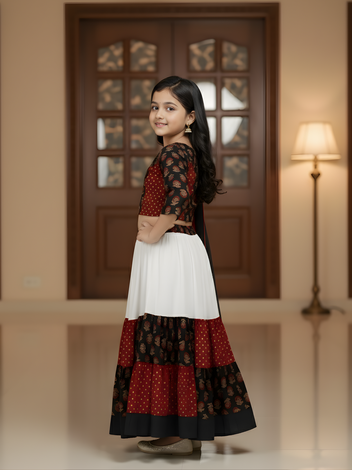 Girls' Black, Red, and White Tiered Block Print Lehenga Choli Set with Dupatta