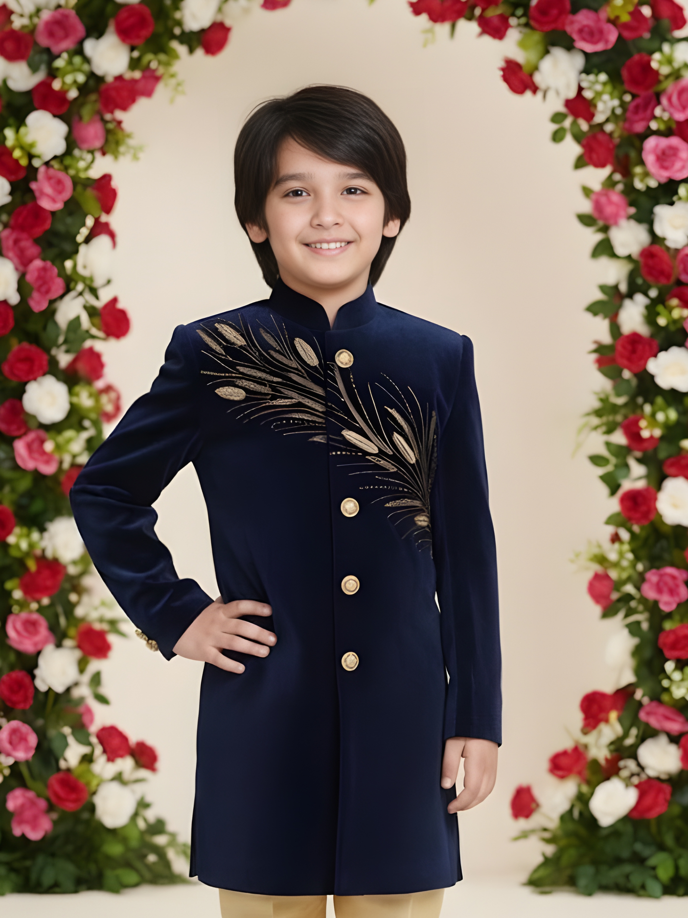 Boys' Black Velvet Indo-Western Sherwani with Gold Zari Embroidery and Trousers Set