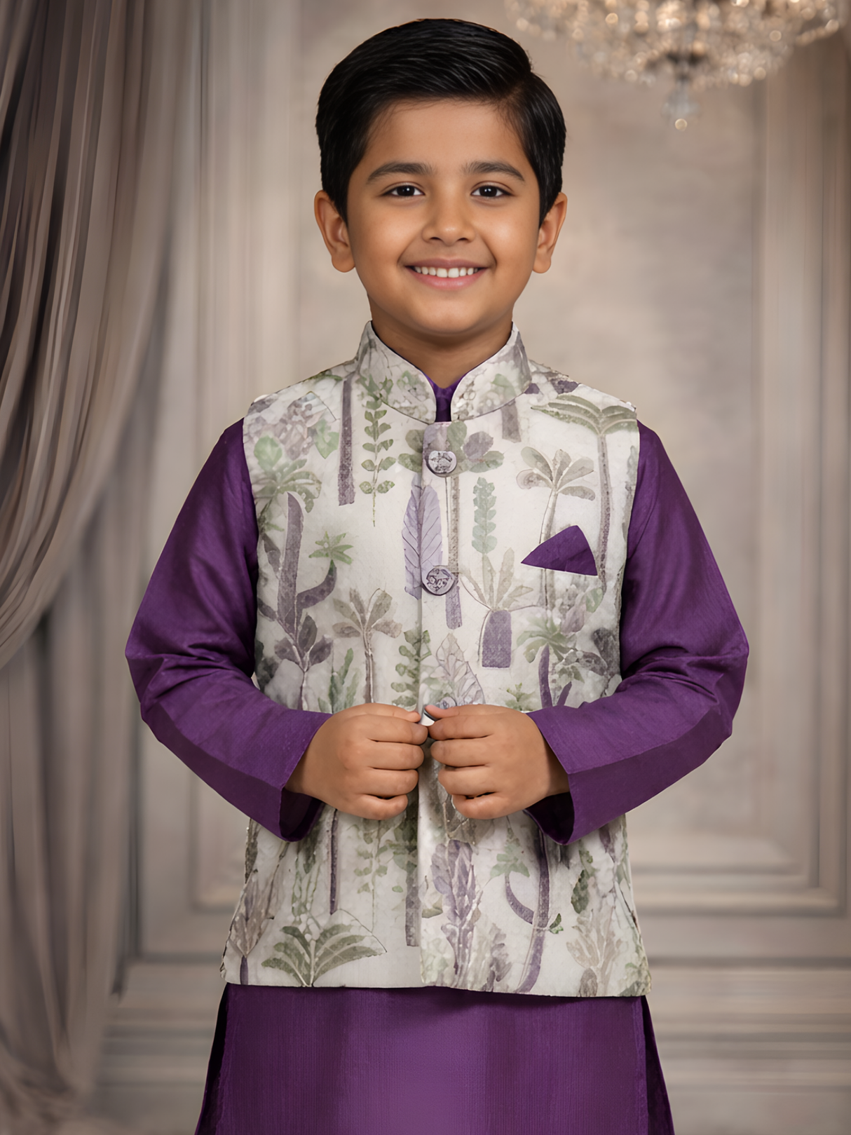 Boys' Deep Purple Kurta Set with Tropical Print Nehru Jacket