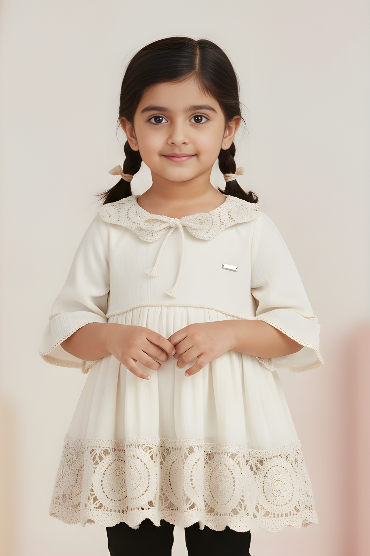 Girls' Vintage-Style Cream Crochet Collar Dress