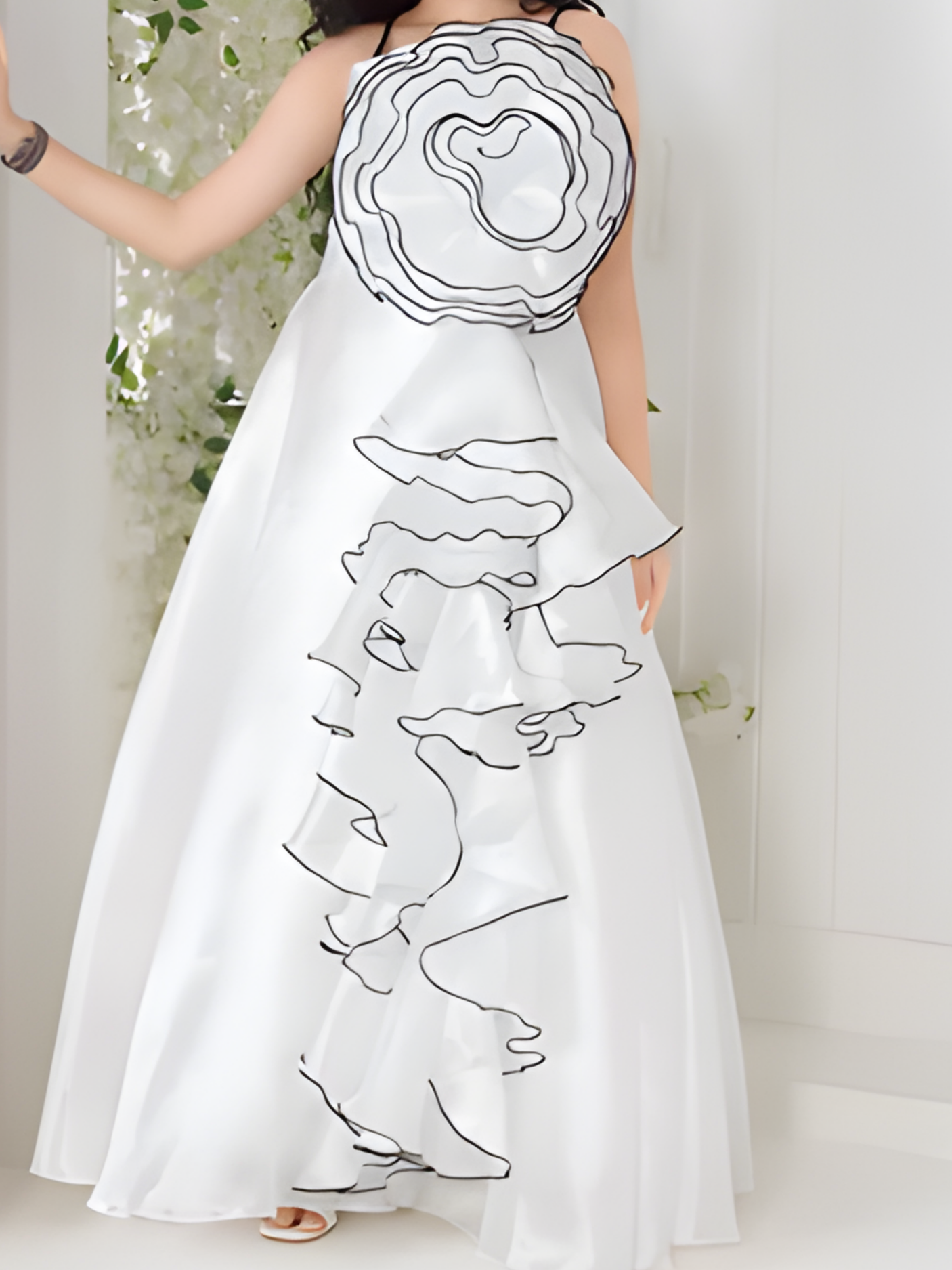 Girls' White Organza Gown with Oversized Floral Ruffle Detail