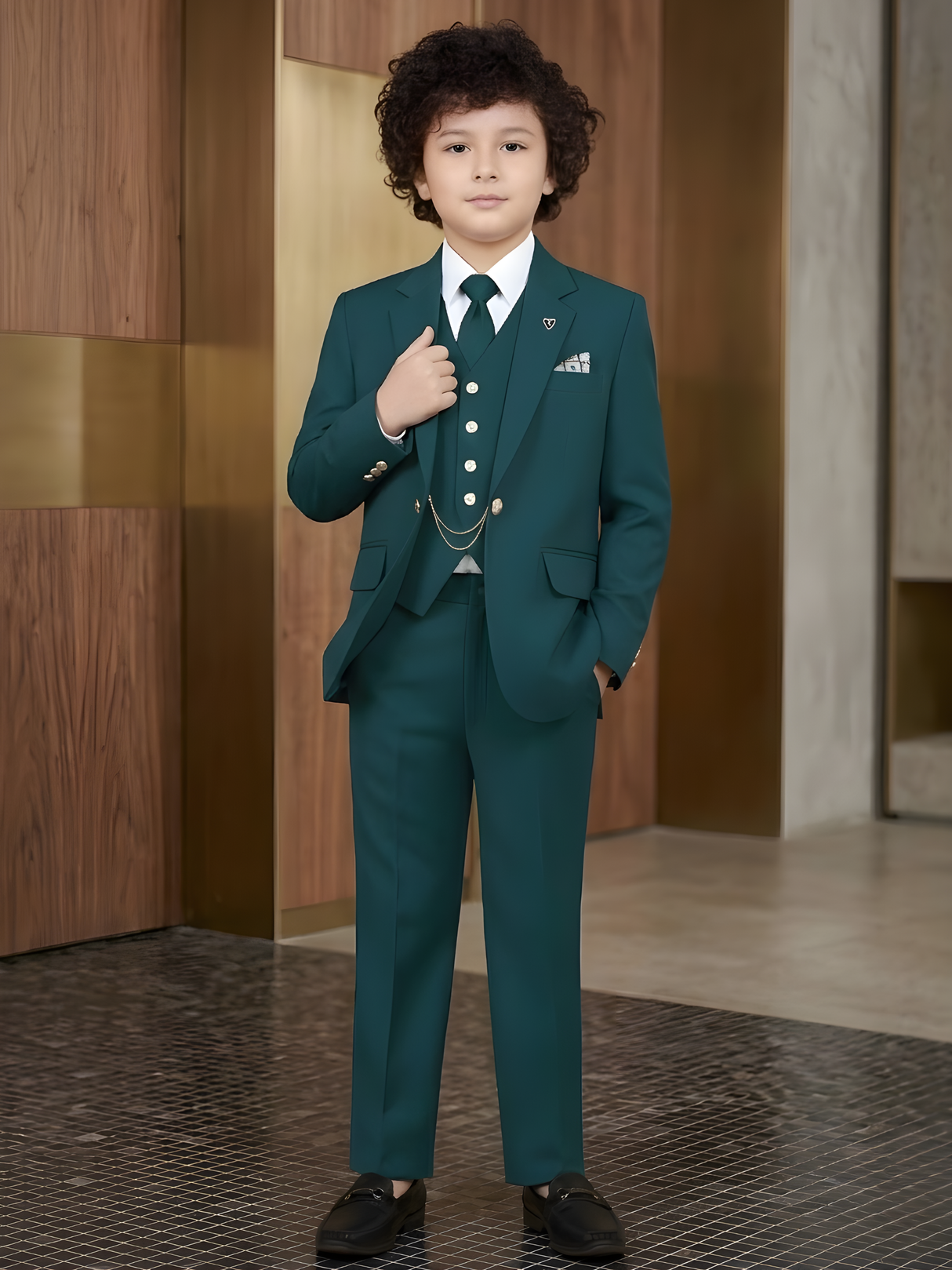 Boys' Teal Blue 5-Piece Formal Suit Set with Vest and Tie
