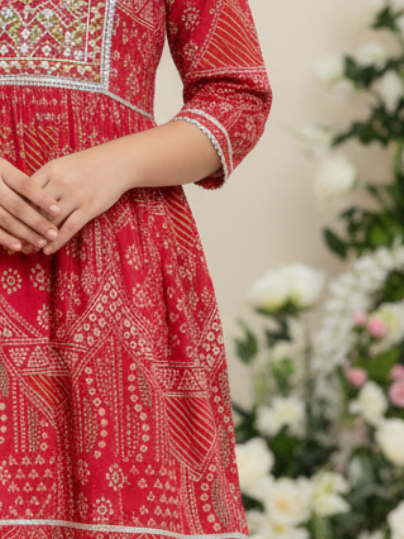 Girls' Festive Red Embroidered Kurti and Tiered Sharara Set