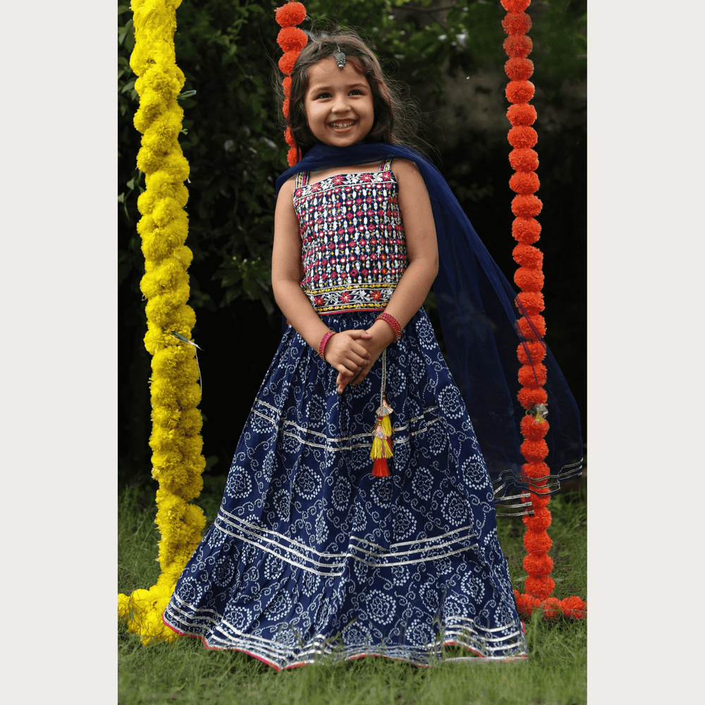 Girls Traditional Sleeves Less Long Choli - Navy Blue