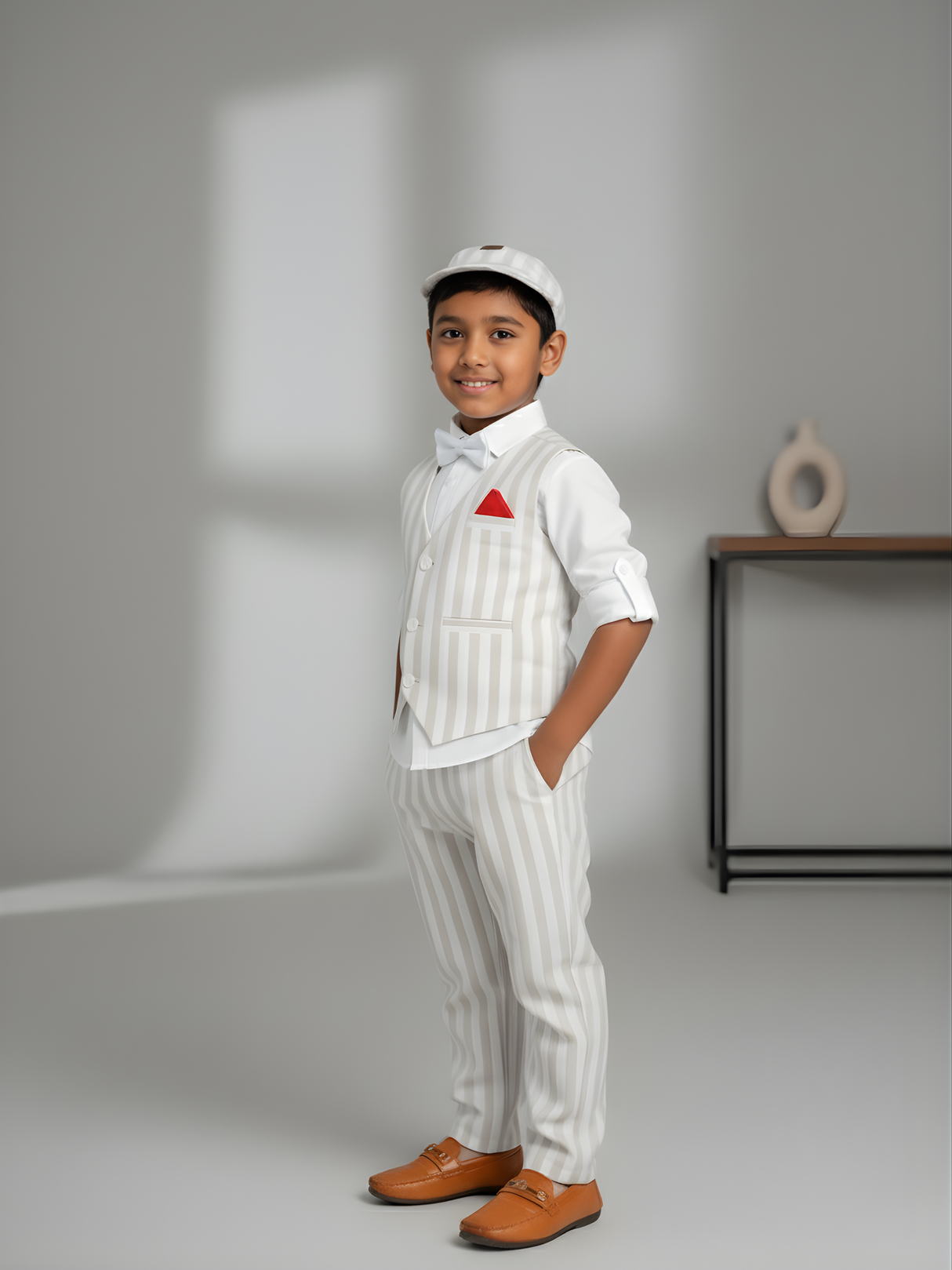 Boys' Vintage Stripe Vest & Suit Set (Cream/Beige).