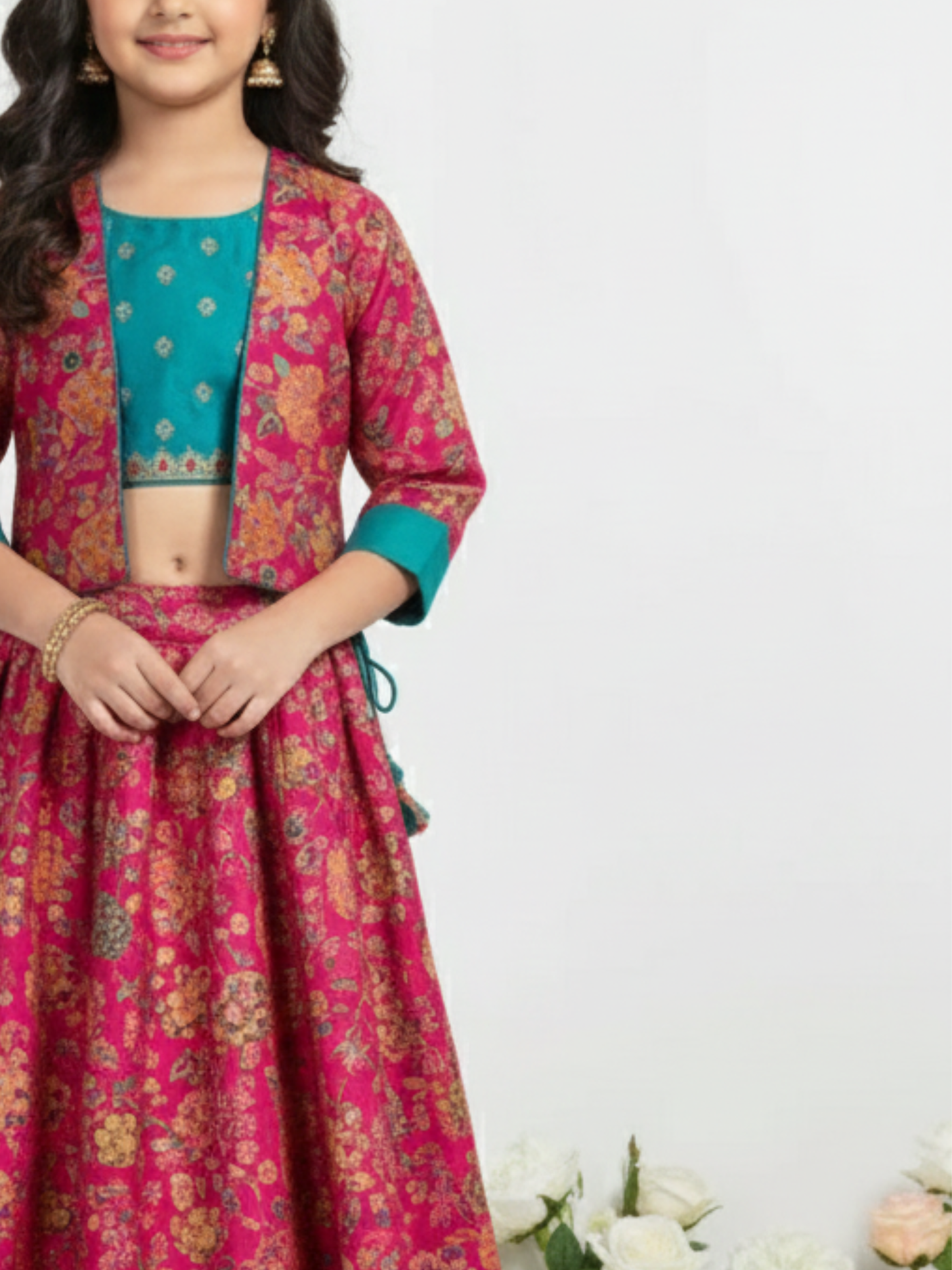 Girls' Fuchsia Pink Embroidered Choli, Striped Lehenga & Net Dupatta Set