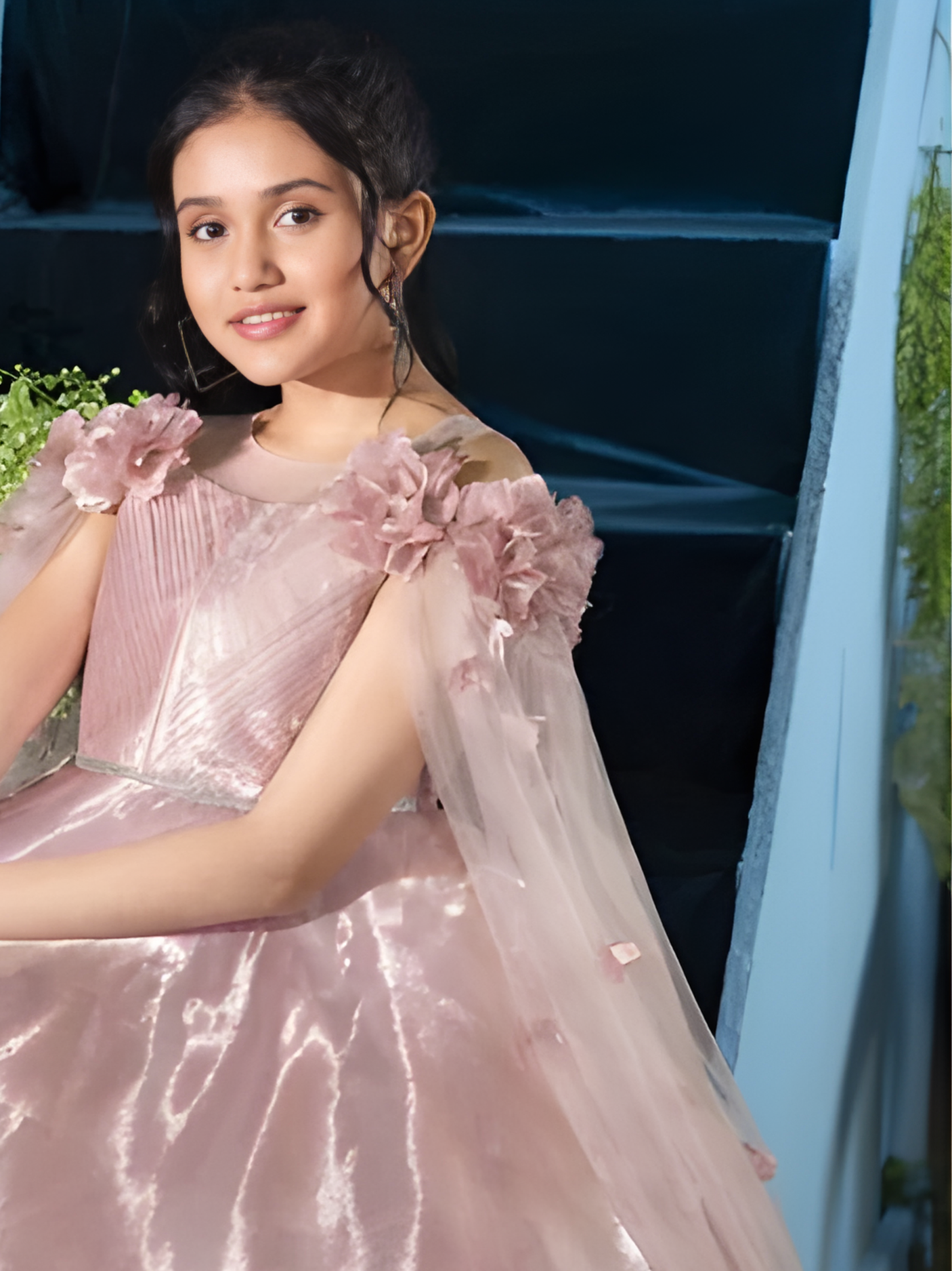 Girls Party Heavy Western Gown With Work - Peach