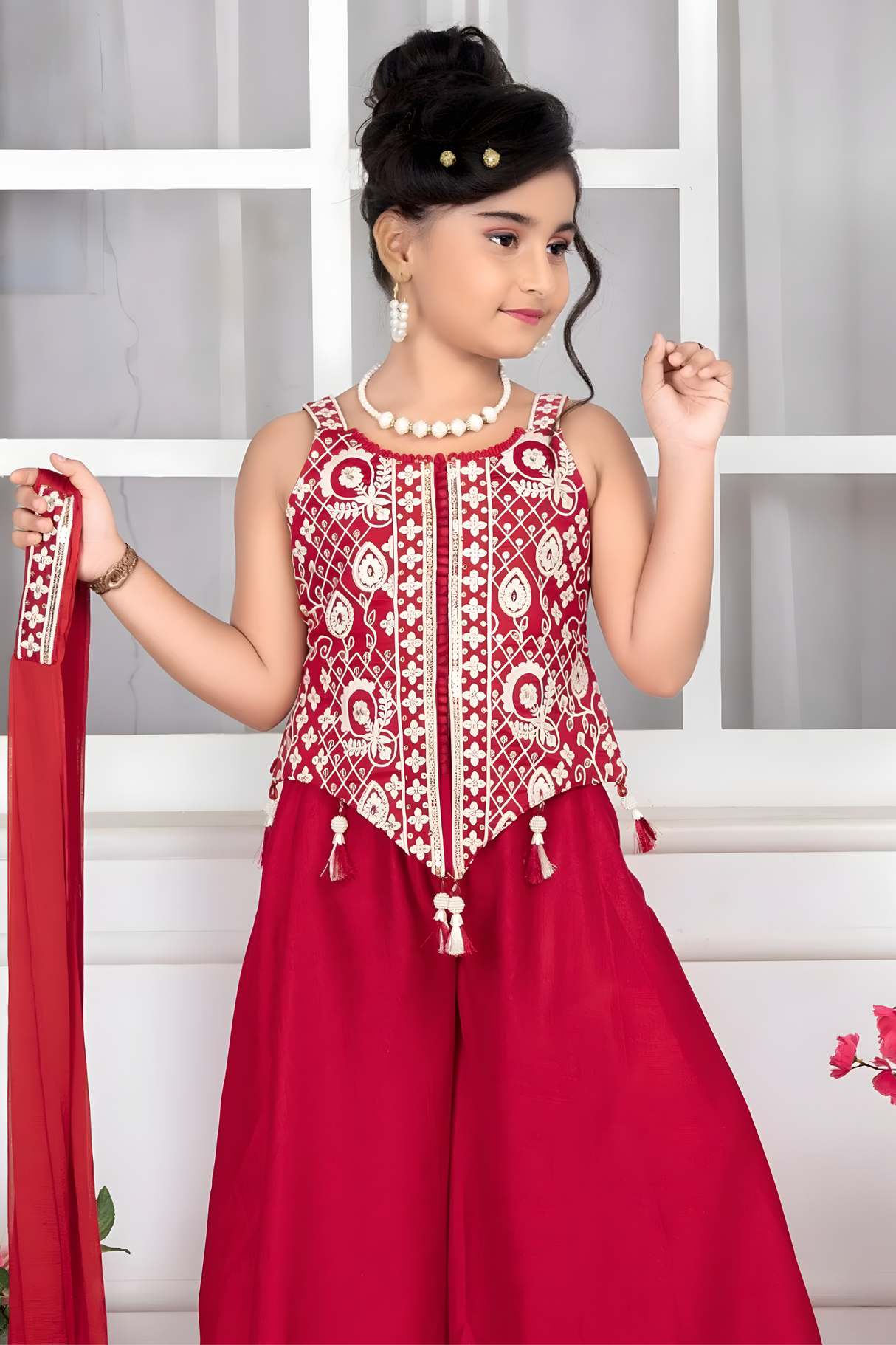 Girls' Festive Red Geometric Embroidered Peplum Palazzo Set