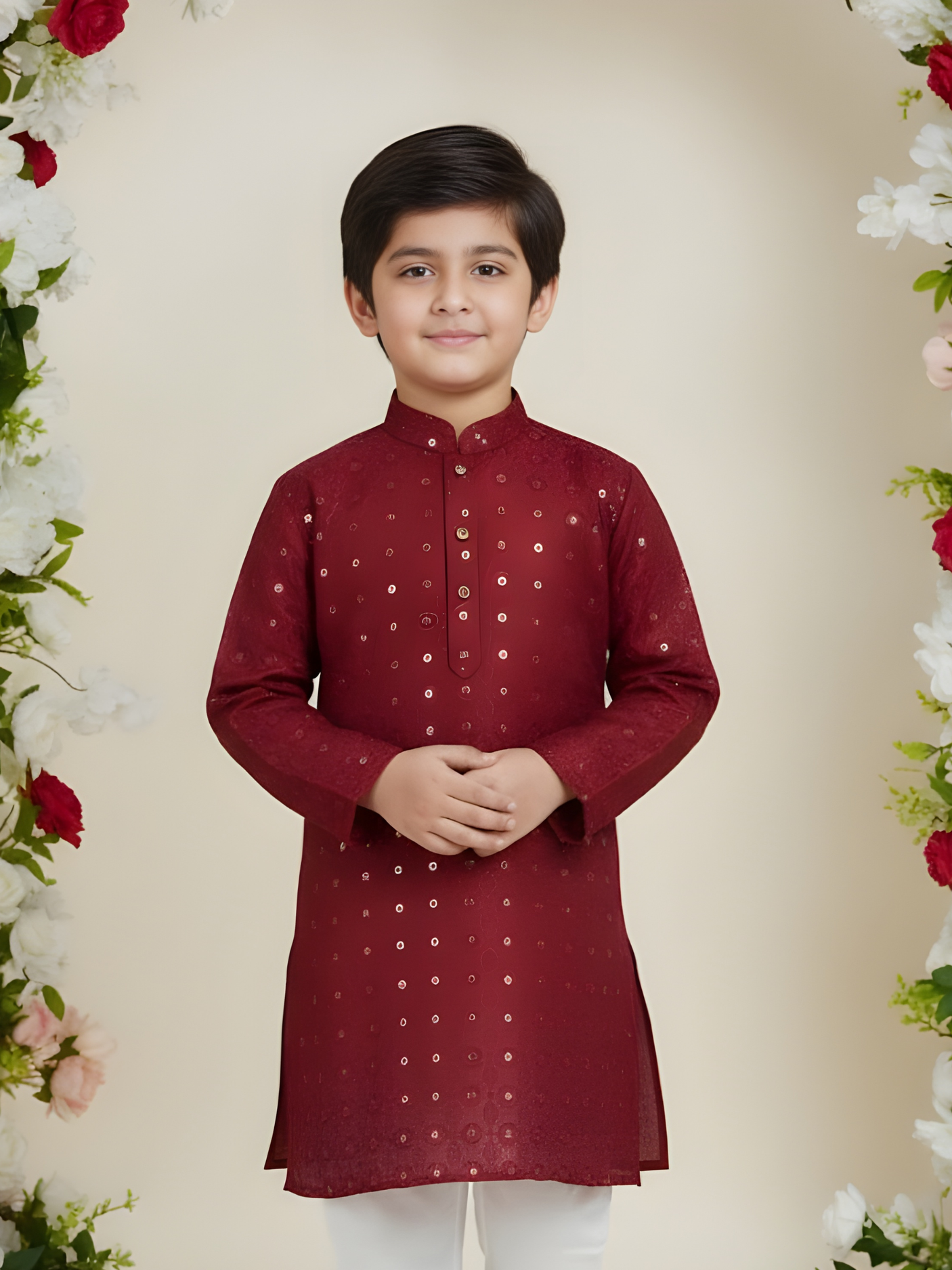 Boys' Maroon Sequin Embroidered Kurta with White Pyjama Set.