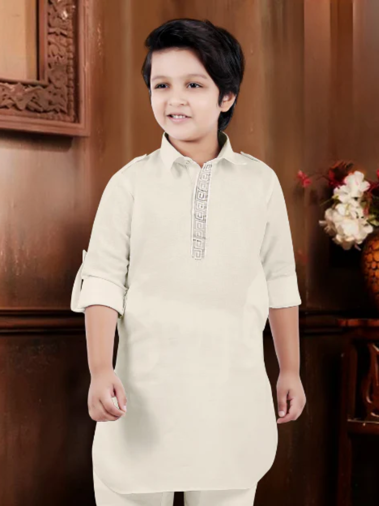 Toddler Boys' Cream/Light Beige Kurta Set with Light Gold Patterned Waistcoat